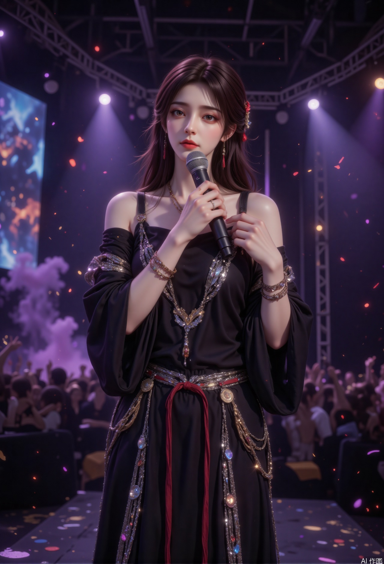 zichu-HLR-idol, this description shows a picture of a person standing on the stage, holding a microphone in his hand. The man wore a black outfit with gold and red adornments, including a decorative belt. The man has long hair and wears multiple bracelets and necklaces. In the background there are stage lighting, a large screen showing abstract images and some confetti scattered on the ground. The overall atmosphere suggests that it is a scene for a performance or concert