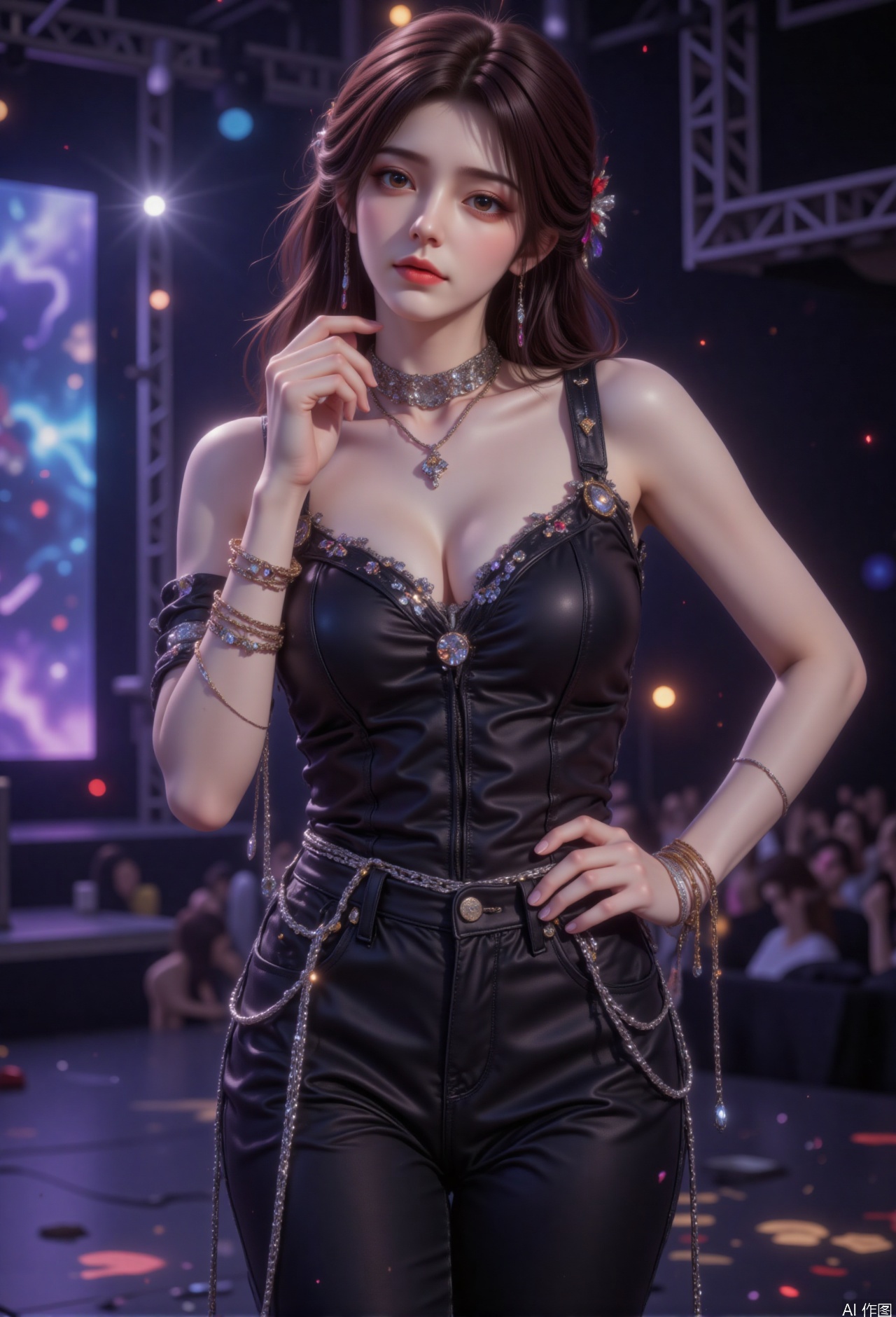 zichu-HLR-idol, image depicts a woman standing on stage, holding a microphone. She wore a slim black outfit with lace and metal accents including chains and buttons. Her outfit was paired with multiple bracelets and a necklace. The background is a dimly lit stage with stage lights and a large screen showing blurry images. This atmosphere implies a scene from a performance or concert.