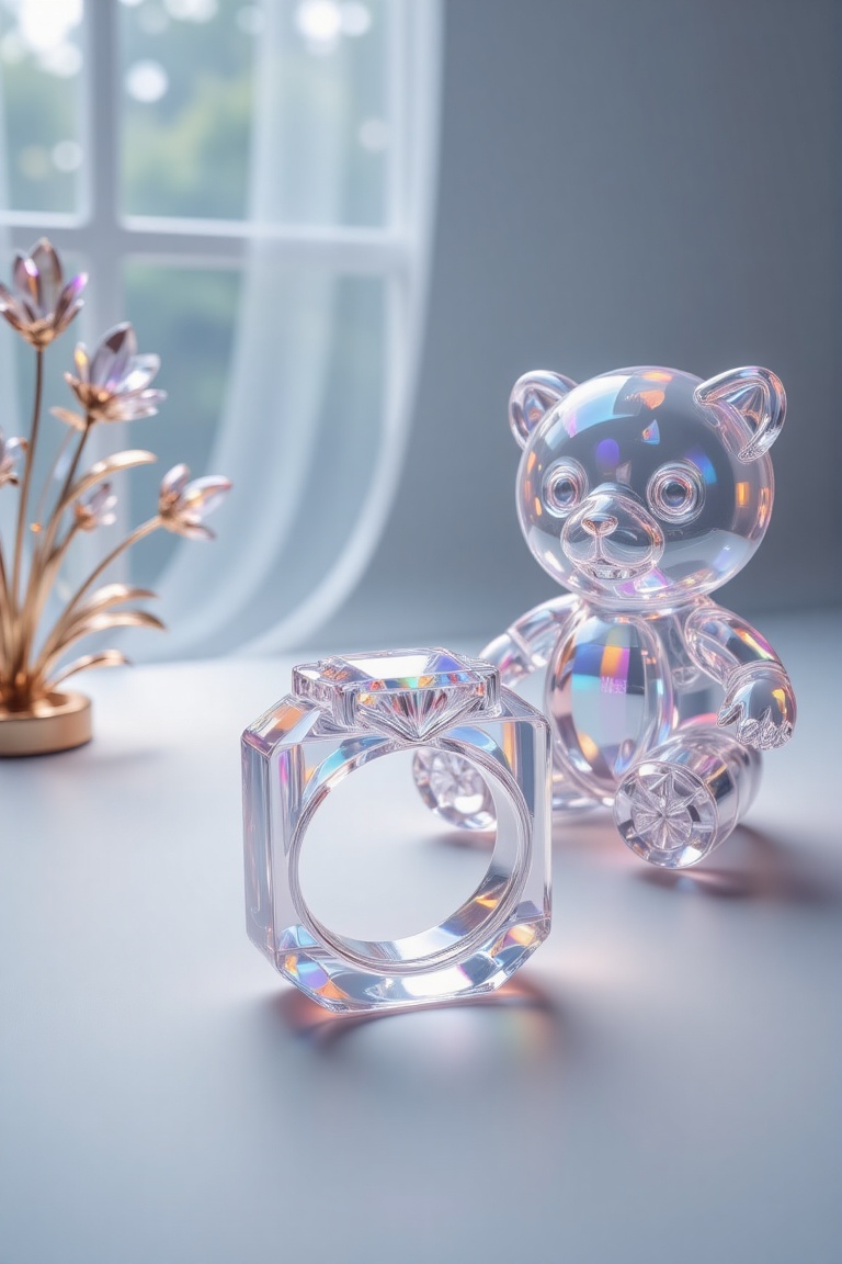 Create a scene where a crystalline,  transparent ring made of glass sits next to a plush toy,  bathed in a soft on Tensor.Art