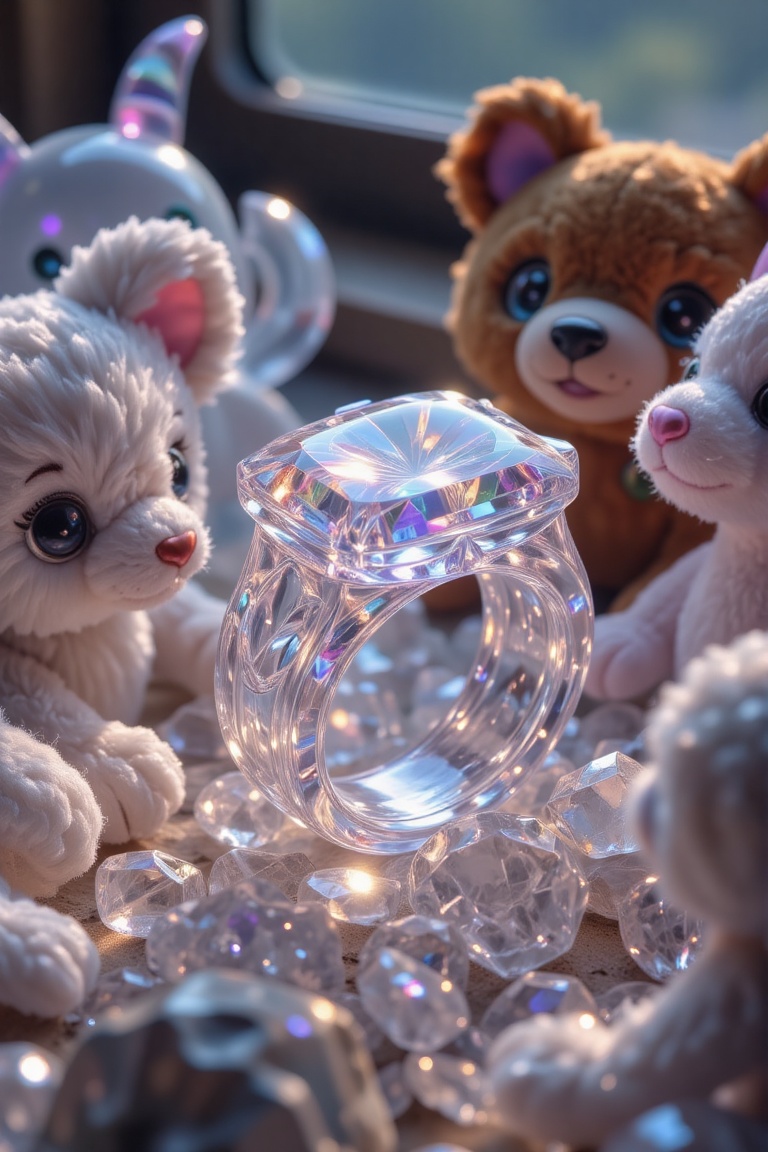 Create a scene where a sparkling,  crystalline ring made of transparent and translucent glass sits nestled among soft,  pl...