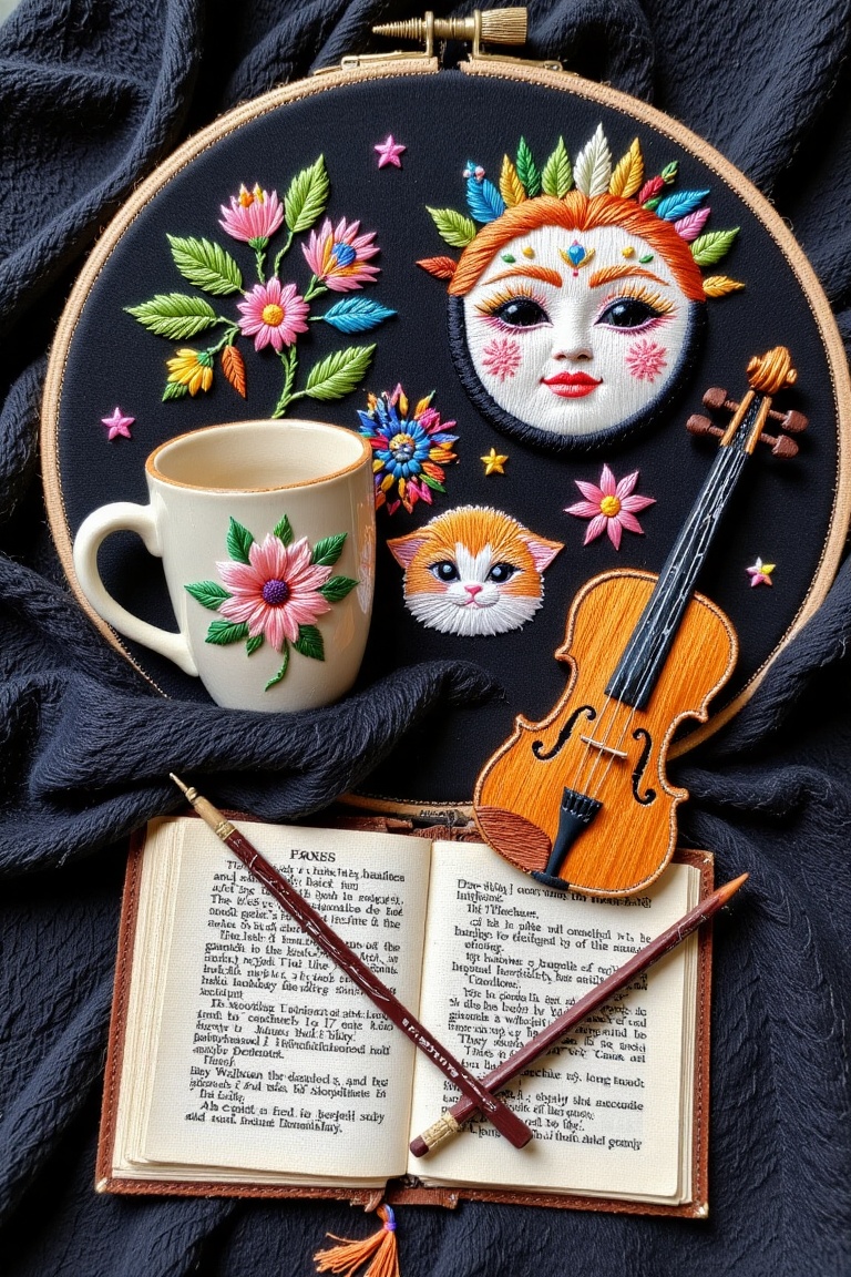 embroidery atrtwork,  A beautiful detailed embroidery artwork on dark fabric,  still life composition featuring a ceramic...