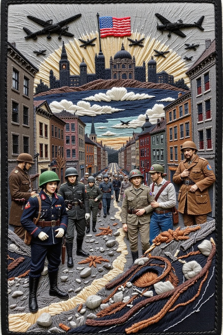 Create an embroidery artwork that captures the poignant and somber essence of World War II. The piece should feature intri...