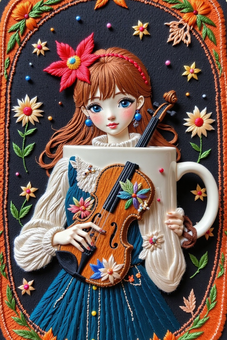 embroidery atrtwork,  girl,  Mug on Tensor.Art