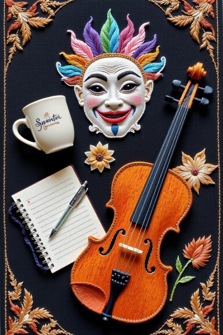 Highly detailed embroidery art piece,  flat lay composition on black canvas fabric,  objects include: ceramic mug on Tenso...