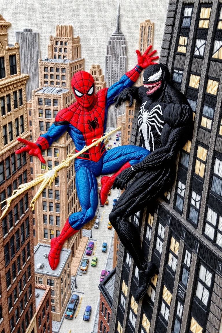 Create an embroidery artwork featuring Spider-Man and Venom battling on a city building. The scene should be dynamic with...
