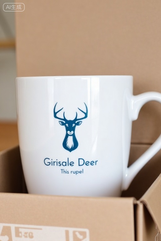  A white mug with a blue deer logo and text, placed on top of an open box. 