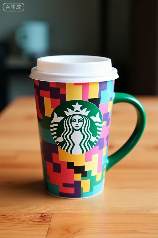Vibrant Starbucks mug with colorful pixel art design, placed on a wooden surface,