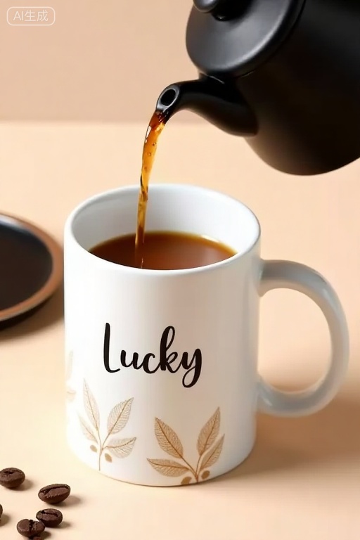 mug,Photograph of a white ceramic mug with "Lucky" written in black script, featuring minimalist leaf designs in brown and beige. The mug is filled with light brown coffee, positioned on a beige surface. A black pouring kettle is spilling coffee into the mug. A black saucer with a dark brown rim rests beside the mug. Scattered coffee beans are on the surface.