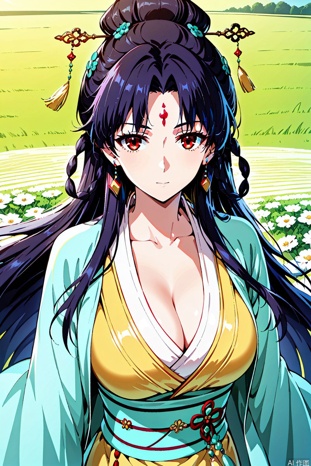 1girl, solo, long hair, breasts, bangs, large breasts, black hair, hair ornament, red eyes, long sleeves, cleavage, jewelry, very long hair, closed mouth, collarbone, earrings, japanese clothes, wide sleeves, parted bangs, sash, facial mark, chinese clothes, forehead mark,hanfu,masterpiece,best quality,official art,extremely detailed CG unity 8k wallpaper,upper body,looking at viewer,flower field,
