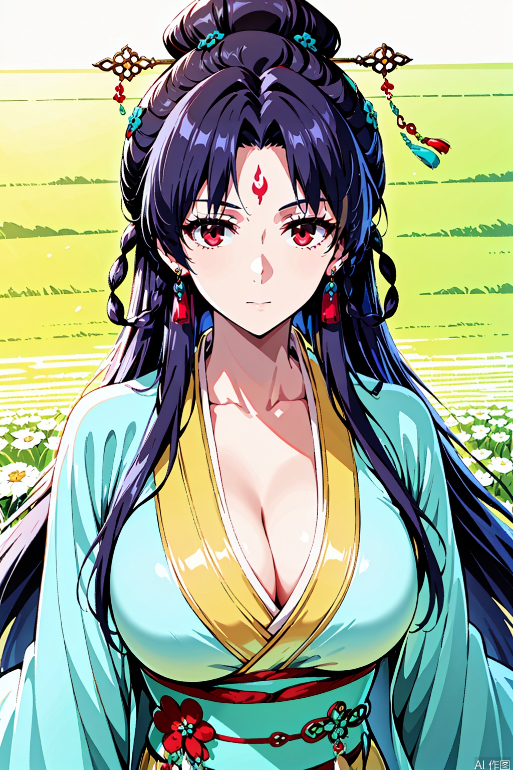 1girl, solo, long hair, breasts, bangs, large breasts, black hair, hair ornament, red eyes, long sleeves, cleavage, jewelry, very long hair, closed mouth, collarbone, earrings, japanese clothes, wide sleeves, parted bangs, sash, facial mark, chinese clothes, forehead mark,hanfu,masterpiece,best quality,official art,extremely detailed CG unity 8k wallpaper,upper body,looking at viewer,flower field,