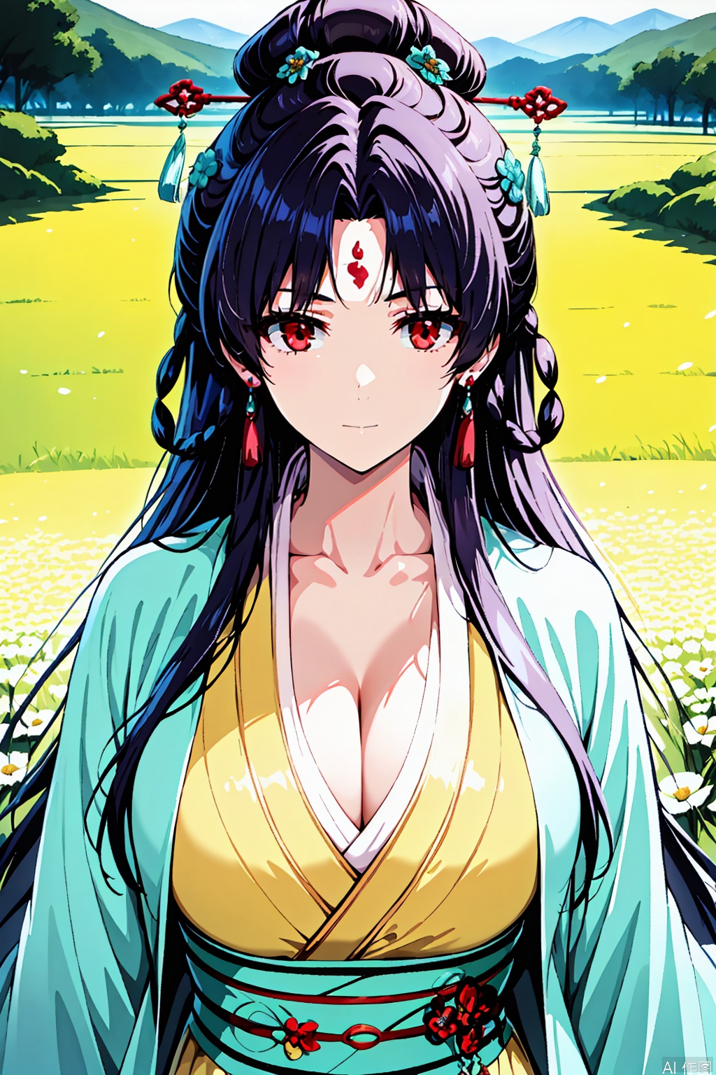 1girl, solo, long hair, breasts, bangs, large breasts, black hair, hair ornament, red eyes, long sleeves, cleavage, jewelry, very long hair, closed mouth, collarbone, earrings, japanese clothes, wide sleeves, parted bangs, sash, facial mark, chinese clothes, forehead mark,hanfu,masterpiece,best quality,official art,extremely detailed CG unity 8k wallpaper,upper body,looking at viewer,flower field,
