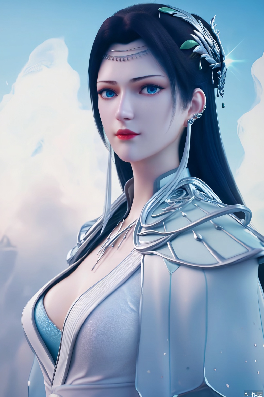 score_9_up,score_8_up,score_7_up,Expressiveh,illustration,CG, 
1girl, solo, long hair, blue eyes, black hair, hair ornament, looking_at_viewer,dress, jewelry, upper body, earrings, sky, blue sky,white skin,shiny skin,glowing skin,translucent,realistic,
 highly detailed,ultra-high resolution,32K UHD,sharp focus,best-quality,masterpiece,unconventional supreme masterpiece,masterful details,temperate atmosphere,with a high-end texture,in the style of fashion photography,Dynamic Angle