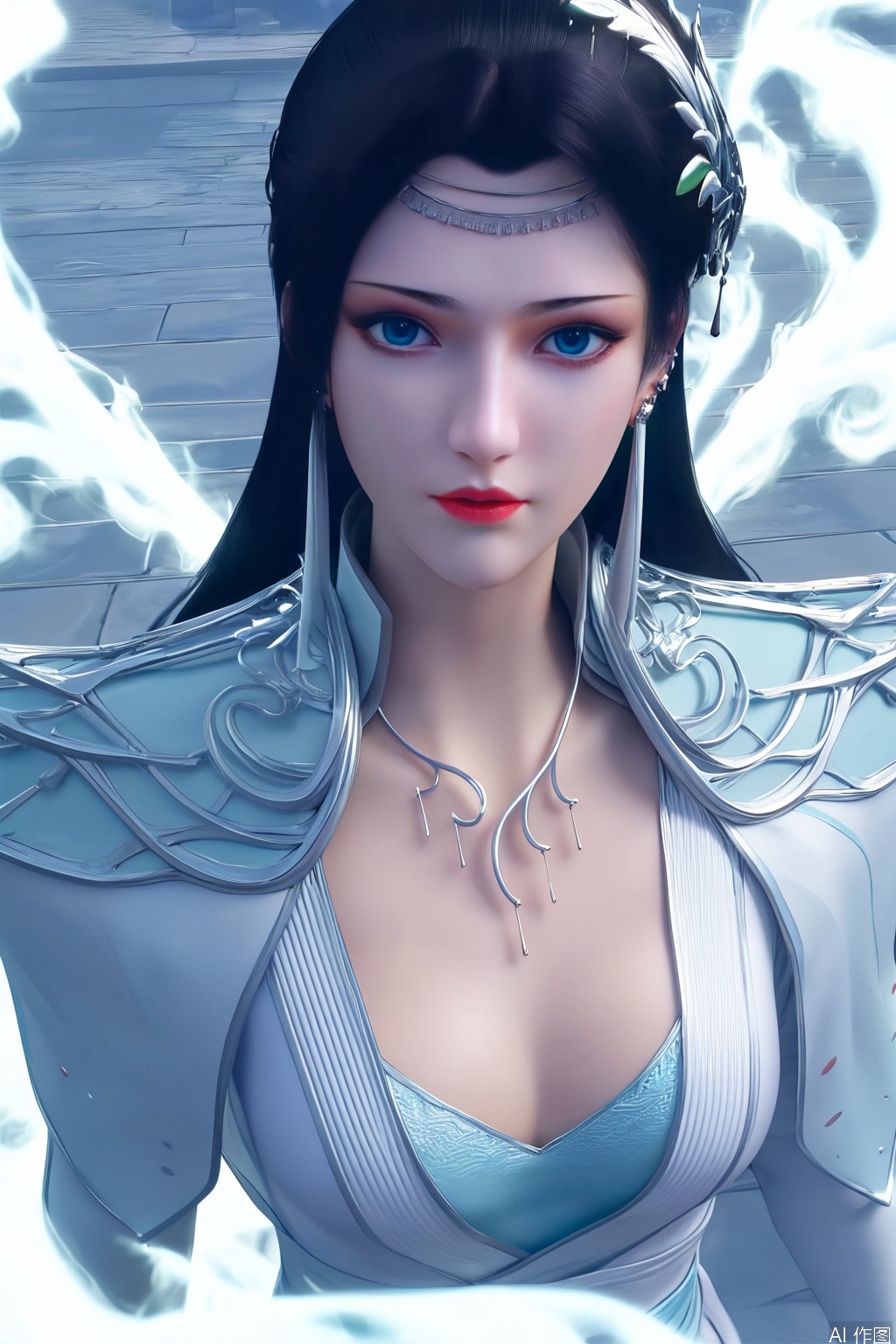 score_9_up,score_8_up,score_7_up,Expressiveh,illustration,CG, 
1girl, solo, long hair, blue eyes, black hair, hair ornament, looking_at_viewer,dress, jewelry, upper body, earrings,
 highly detailed,ultra-high resolution,32K UHD,sharp focus,best-quality,masterpiece,unconventional supreme masterpiece,masterful details,temperate atmosphere,with a high-end texture,in the style of fashion photography,Dynamic Angle