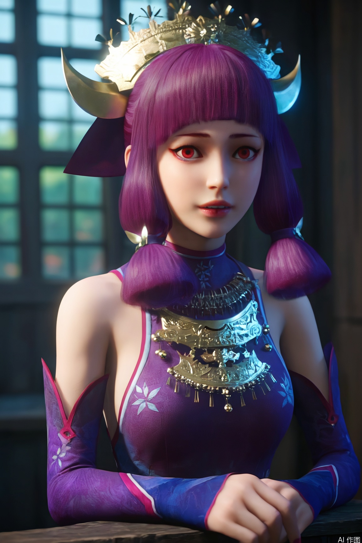 score_9_up,score_8_up,score_7_up,(Masterpiece, Best Quality, High Resolution, 8K Raw),absurdres, highres, Expressiveh,illustration,CG,
1girl, solo, breasts, looking at viewer, bangs, red eyes, dress, bare shoulders, upper body, purple hair, parted lips, detached sleeves, blunt bangs, nail polish, purple dress