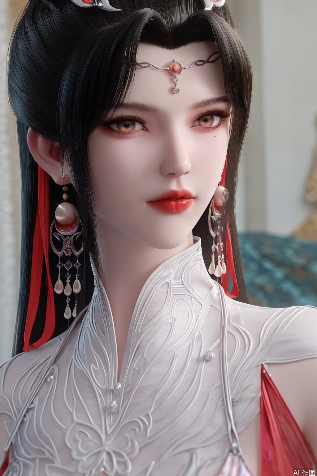 score_9_up,score_8_up,score_7_up,(Masterpiece, Best Quality, High Resolution, 8K Raw),absurdres, highres, Expressiveh,illustration,CG,
1girl, solo, looking at viewer, black hair, hair ornament, ribbon, jewelry, earrings, hair bun, mole under eye, chinese clothes, portrait, red lips