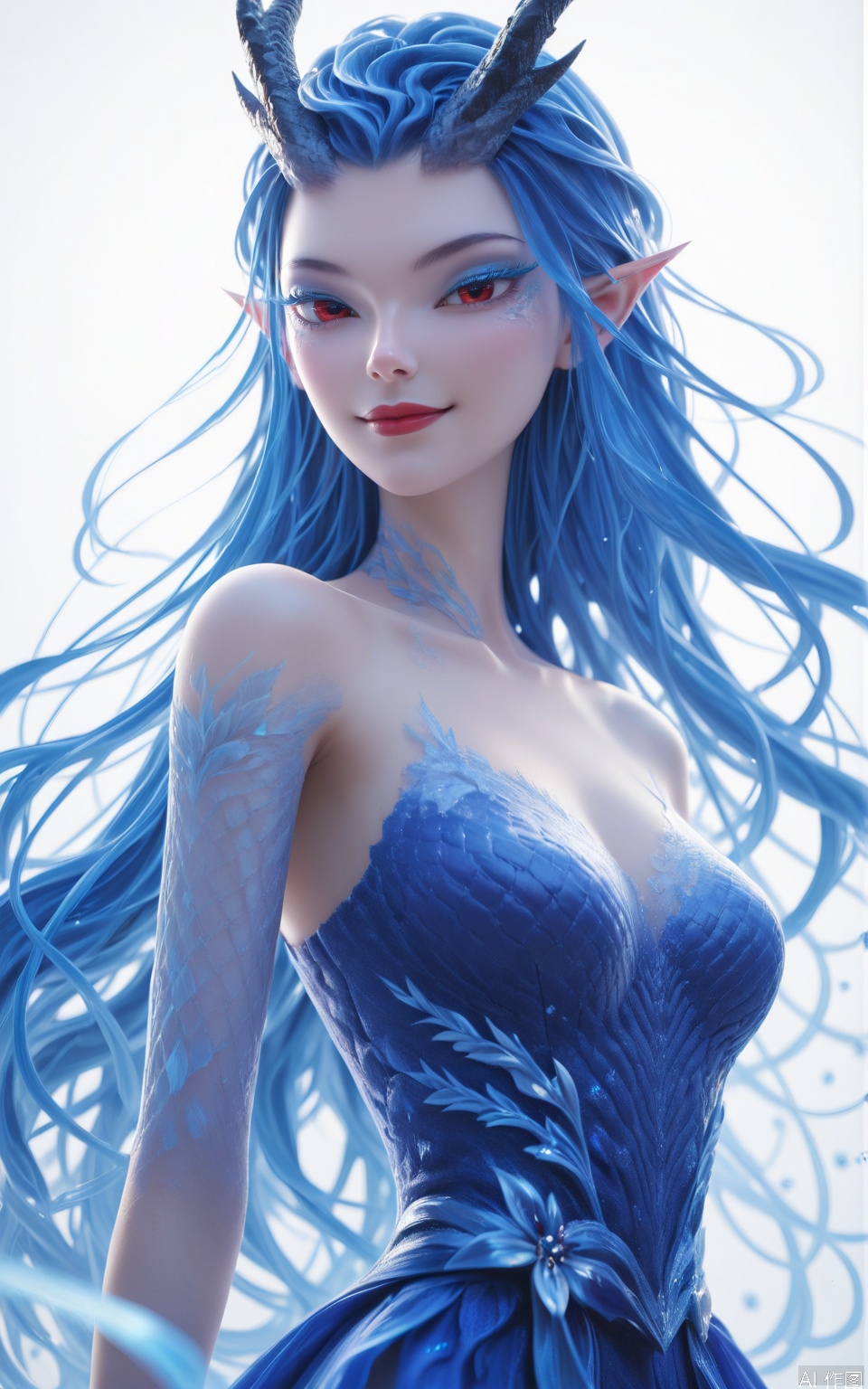 score_9, score_8_up, score_7_up,highly detailed digital,CG,1girl, solo, long hair, breasts, smile, red eyes, dress, bare shoulders, medium breasts, blue hair, upper body, horns, pointy ears, makeup, blue dress, eyeshadow, red lips