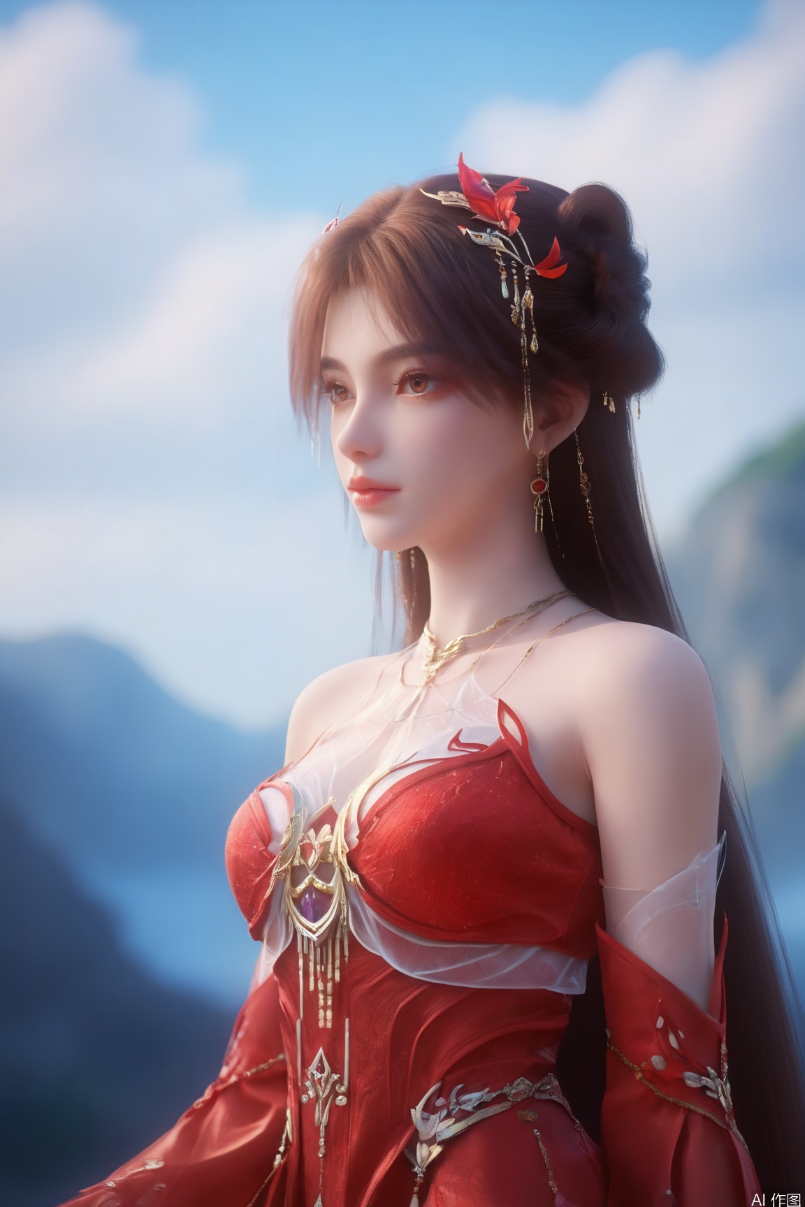 score_9_up,score_8_up,score_7_up,(Masterpiece, Best Quality, High Resolution, 8K Raw),absurdres, highres, Expressiveh,illustration,CG,
1girl, solo, long hair, brown hair, hair ornament, dress, bare shoulders, jewelry, upper body, earrings, sky, blue sky, red dress