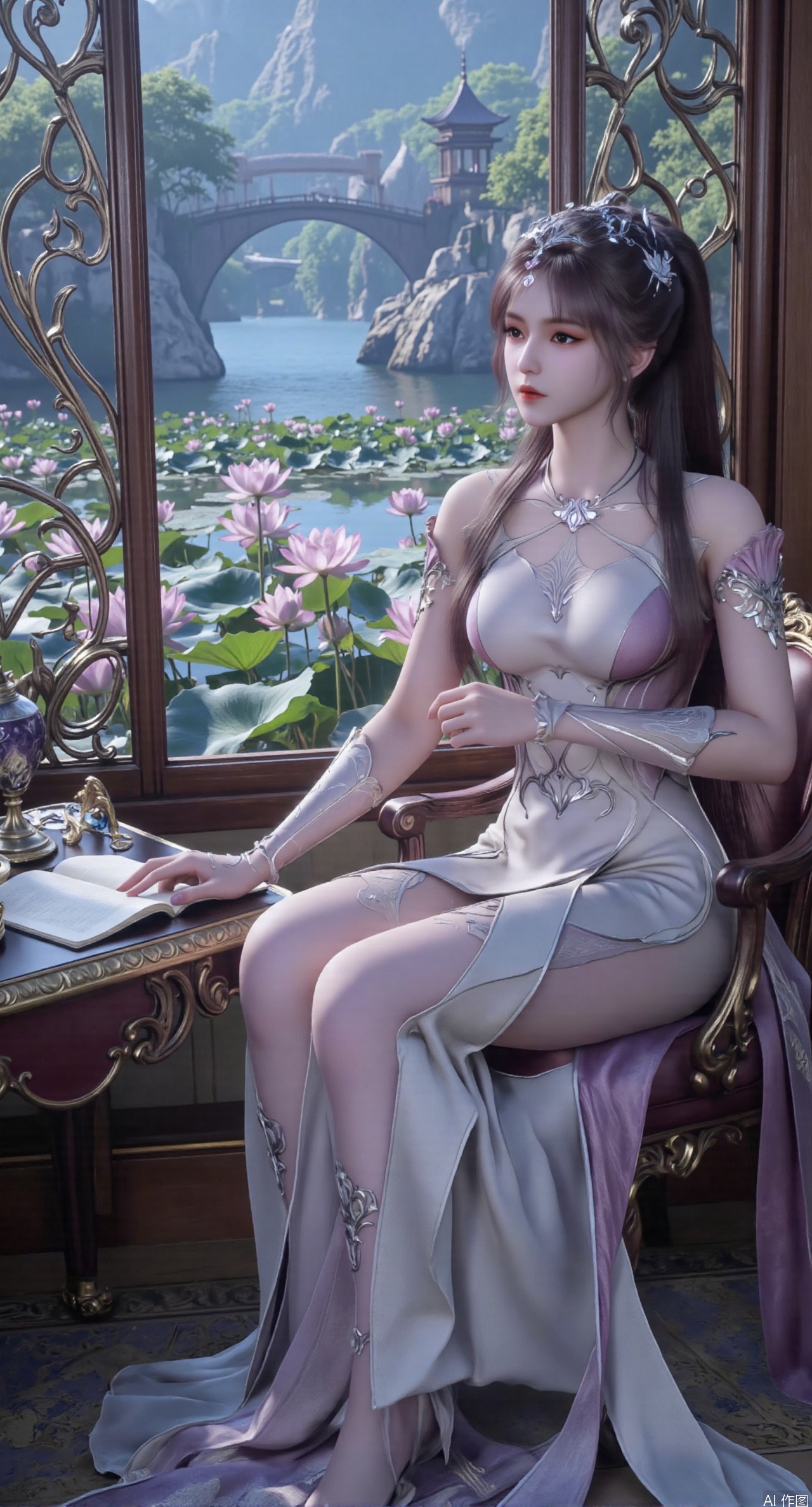 SFW,(masterpiece, best quality:1.2),1girl, solo, long dress,Ancient princess's boudoir with bright color palette,,(huge breasts:2.39),(full breasts:2.39), Hanfu-clad maiden sitting by latticed window desk in romantic daydreaming posture,  classical Chinese garden through window showcasing lotus pond filled with blooming pink and white lotuses, delicate ink-wash painting style, interior featuring rosewood furniture with mother-of-pearl inlay, silk curtains fluttering in breeze, porcelain stationery set on desk, distant view of curved bridges and pavilions in garden, ultra HD rendering with crisp details on embroidered garments and translucent lotus petals,,(huge breasts:2.99),(full breasts:2.99),XyueliuY,XanmiaoyiY,Xxiaowu,Xbaixue