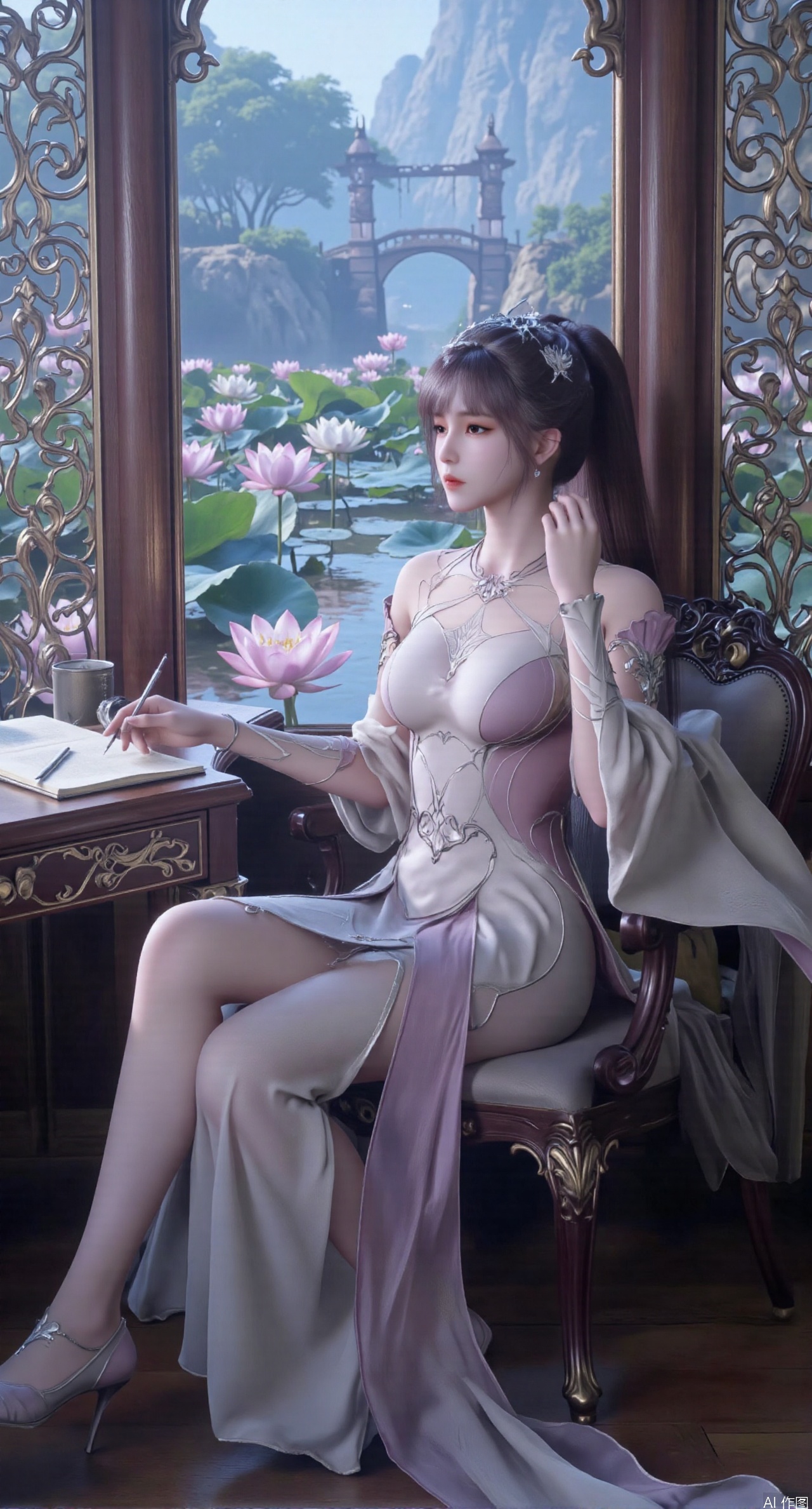 SFW,(masterpiece, best quality:1.2),1girl, solo, long dress,Ancient princess's boudoir with bright color palette,,(huge breasts:2.39),(full breasts:2.39), Hanfu-clad maiden sitting by latticed window desk in romantic daydreaming posture,  classical Chinese garden through window showcasing lotus pond filled with blooming pink and white lotuses, delicate ink-wash painting style, interior featuring rosewood furniture with mother-of-pearl inlay, silk curtains fluttering in breeze, porcelain stationery set on desk, distant view of curved bridges and pavilions in garden, ultra HD rendering with crisp details on embroidered garments and translucent lotus petals,,(huge breasts:2.99),(full breasts:2.99),XyueliuY,XanmiaoyiY,Xxiaowu,Xbaixue