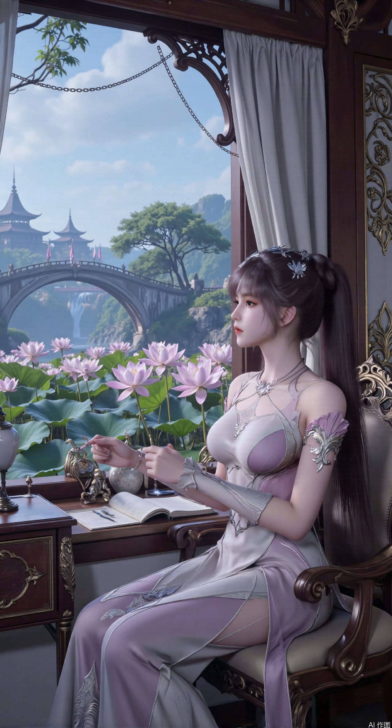 SFW,(masterpiece, best quality:1.2),1girl, solo, long dress,Ancient princess's boudoir with bright color palette,,(huge breasts:2.39),(full breasts:2.39), Hanfu-clad maiden sitting by latticed window desk in romantic daydreaming posture,  classical Chinese garden through window showcasing lotus pond filled with blooming pink and white lotuses, delicate ink-wash painting style, interior featuring rosewood furniture with mother-of-pearl inlay, silk curtains fluttering in breeze, porcelain stationery set on desk, distant view of curved bridges and pavilions in garden, ultra HD rendering with crisp details on embroidered garments and translucent lotus petals,,(huge breasts:2.99),(full breasts:2.99),XyueliuY,XanmiaoyiY,Xxiaowu,Xbaixue