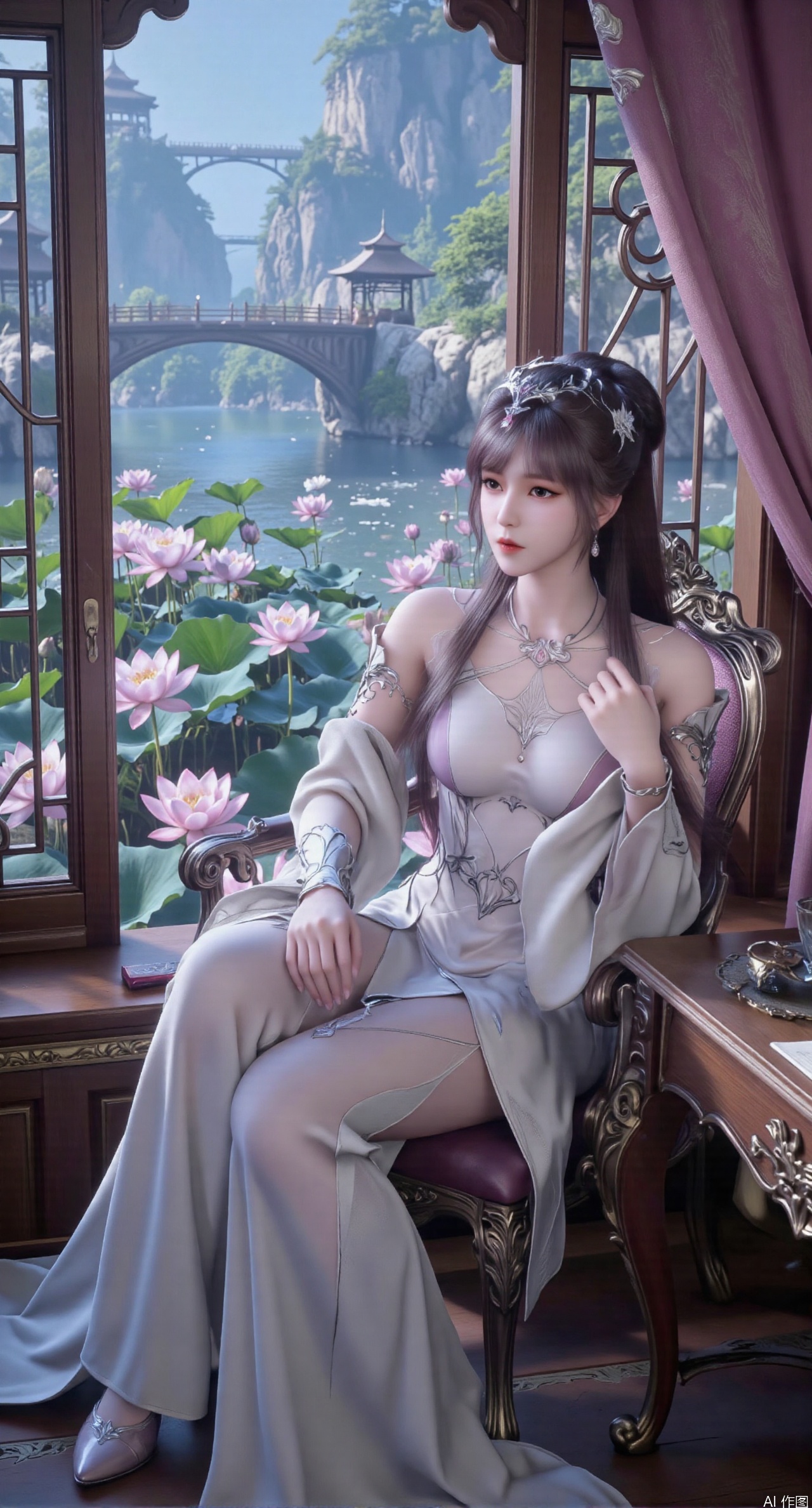 SFW,(masterpiece, best quality:1.2),1girl, solo, long dress,Ancient princess's boudoir with bright color palette,,(huge breasts:2.39),(full breasts:2.39), Hanfu-clad maiden sitting by latticed window desk in romantic daydreaming posture,  classical Chinese garden through window showcasing lotus pond filled with blooming pink and white lotuses, delicate ink-wash painting style, interior featuring rosewood furniture with mother-of-pearl inlay, silk curtains fluttering in breeze, porcelain stationery set on desk, distant view of curved bridges and pavilions in garden, ultra HD rendering with crisp details on embroidered garments and translucent lotus petals,,(huge breasts:2.99),(full breasts:2.99),XyueliuY,XanmiaoyiY,Xxiaowu,Xbaixue