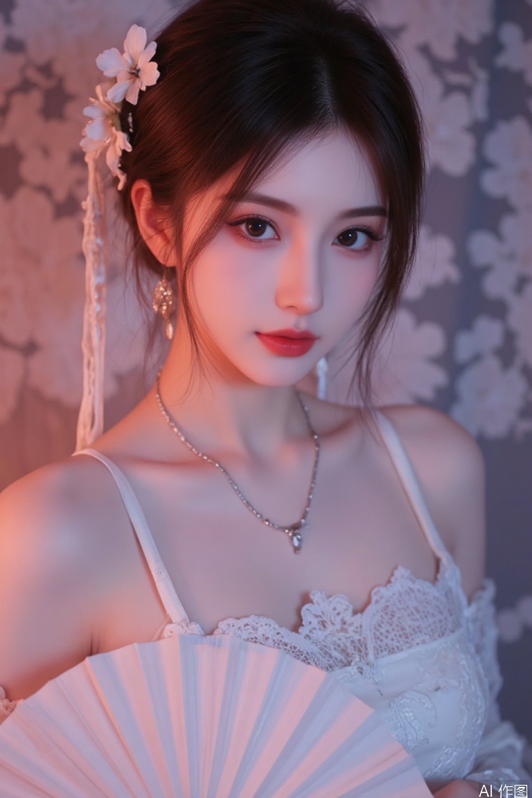1girl,A close-up shot of a Asian woman in a white chinese clothes with a silver necklace and earrings.She is holding a white fan. The woman's hair is adorned with white flowers adding a touch of beauty to the scene. The background is blurred creating a soft focus on the woman's face.warm-toned.neon lighting,Anime