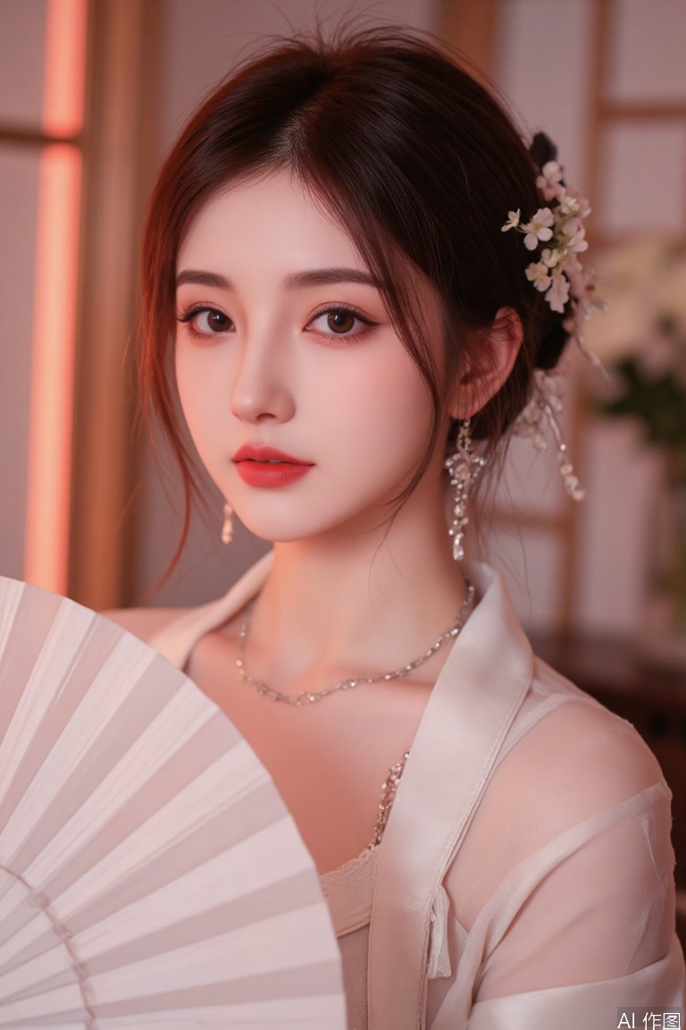 1girl,A close-up shot of a Asian woman in a white chinese clothes with a silver necklace and earrings.She is holding a white fan. The woman's hair is adorned with white flowers adding a touch of beauty to the scene. The background is blurred creating a soft focus on the woman's face.warm-toned.neon lighting,