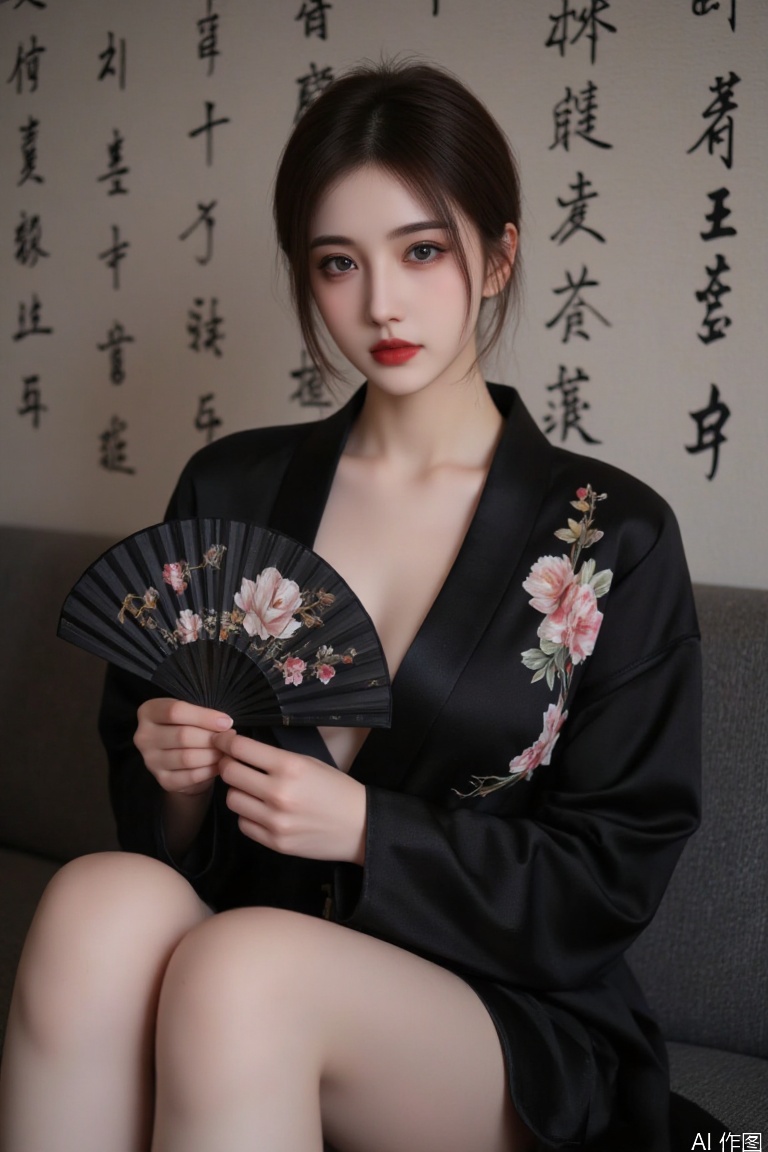1girl, with a black kimono adorned with flowers. Her hair is pulled back in a bun cascading down her shoulders framing her face. She is adorned with a bold red lip adding a pop of color to her outfit. Her eyes are a piercing blue her eyebrows are a darker shade of brown and her lips are a lighter shade of red. She's holding a black hand fan with a floral pattern on it adding depth to the scene. The background is blurred The background is a wall with Chinese characters written on it creating a stark contrast to the woman's outfit.sexy,Cleavage,thigh