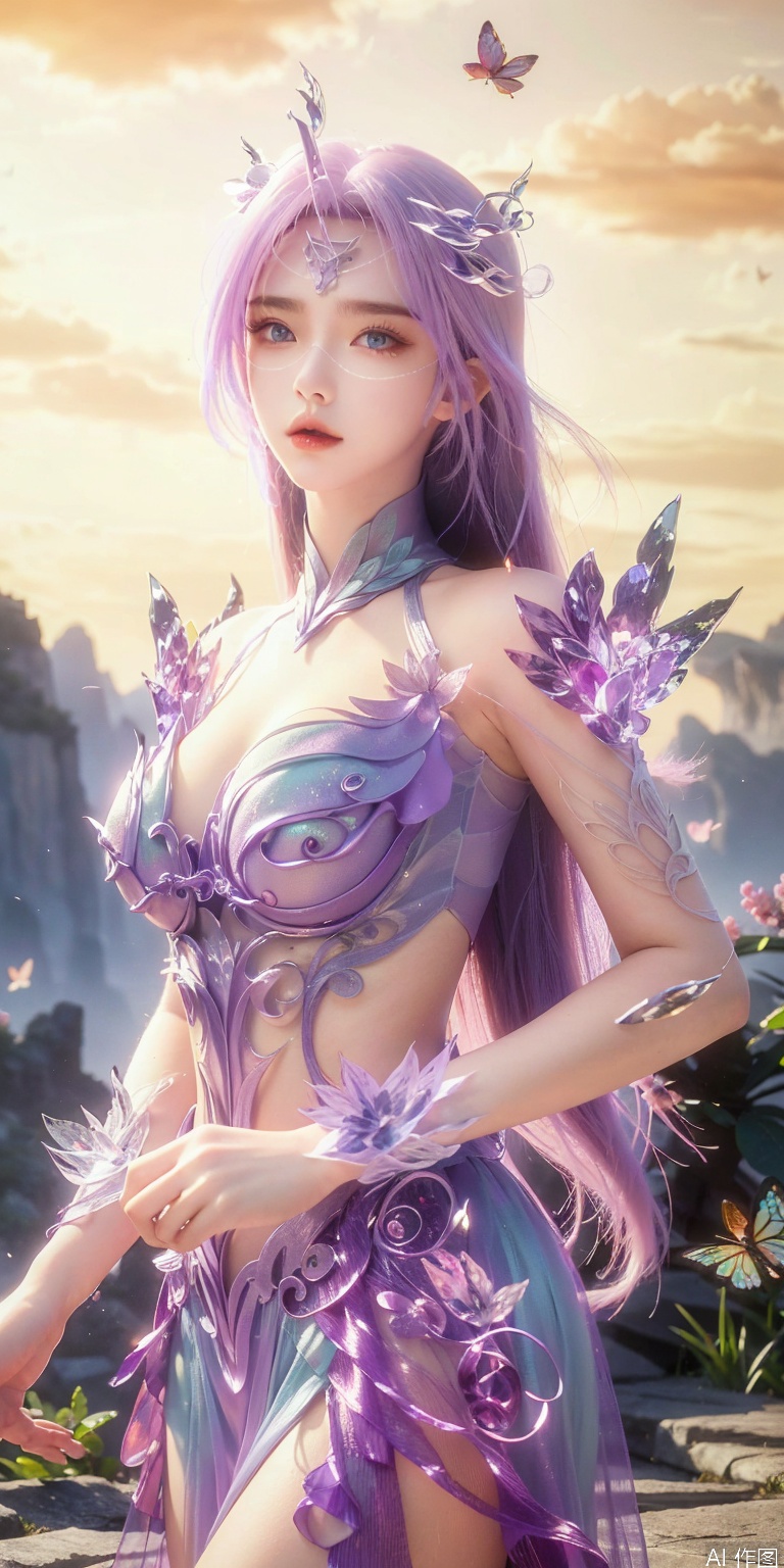 (masterpiece, best quality, ultra-detailed, highres, best illustration),1girl,solo,cowboy shot,looking_at_viewer,
side lighting,lustrous skin,(shine),(shiny skin, cetlic elements, norse heritage),ray tracing,wind swept hair,detailed hair,detailed face,depth_of_field,very detailed background,extreme light and shadow,(detailed eyes),perfect anatomy,,dynamic angle,1girl,((sea of pink flowers,with butterflies everywhere.,fluttering butterflies in the sky,colorful auspicious clouds,)),
Short top,ultra short skirt ,yueliu,purple hair,blue eyes,hair ornament