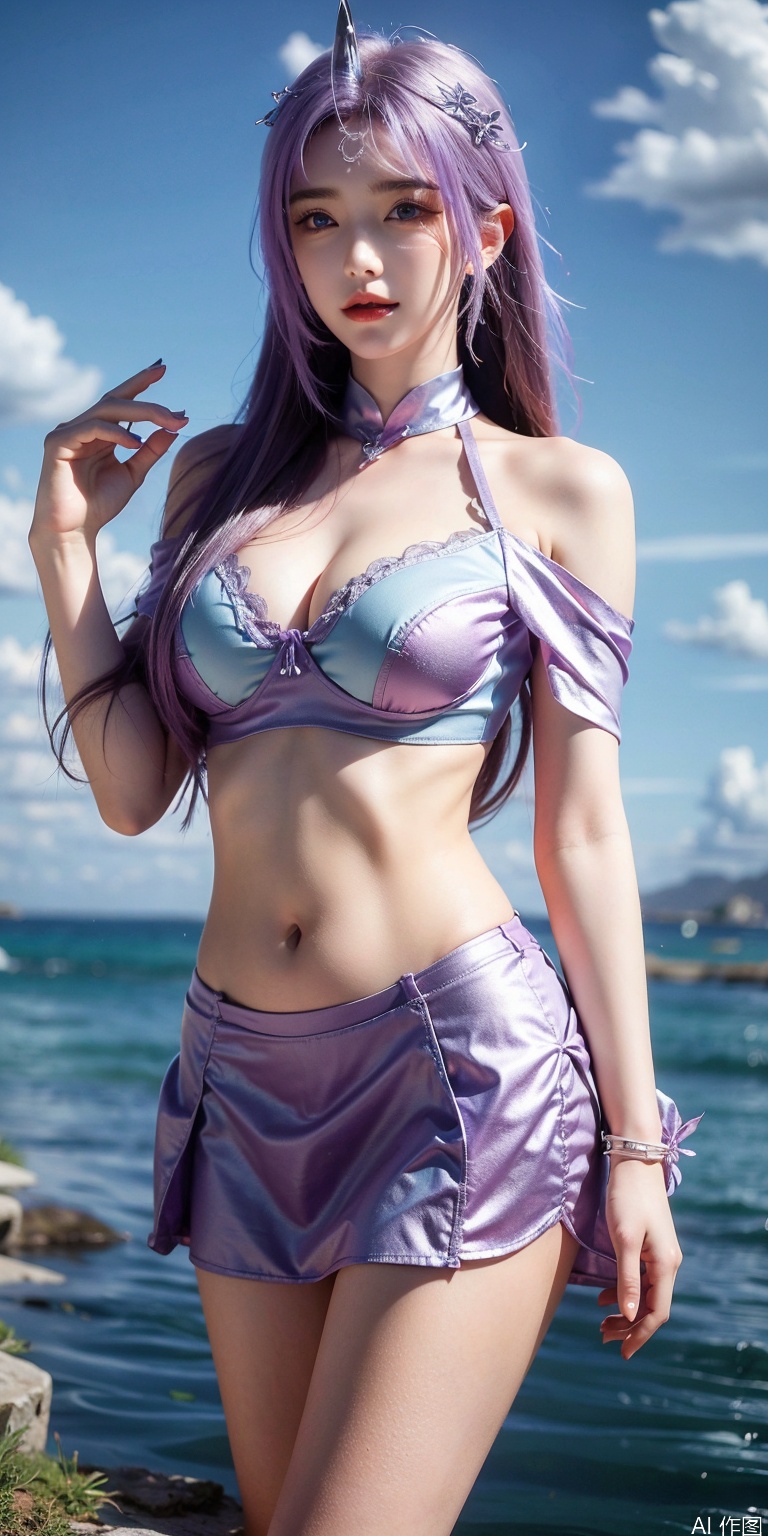 best quality, masterpiece, realistic,cowboy_shot,(Good structure), DSLR Quality,Depth of field,kind smile,looking_at_viewer,Dynamic pose, 
,Short skirt,Blue sky, white clouds, ocean, nai3, 1girl, solo, crop top, , choker, navel, shirt, midriff, crop top overhang, looking at viewer, white shirt, jewelry, breasts, bare shoulders, off-shoulder shirt, off shoulder, black choker, thighs, stomach, long hair, bracelet, short sleeves, ribbon, hand up, collarbone, hair ribbon, medium breasts, , bra strap, , hair ornament, thigh gap, necklace, expressionless,yueliu,purple hair,blue eyes, horns