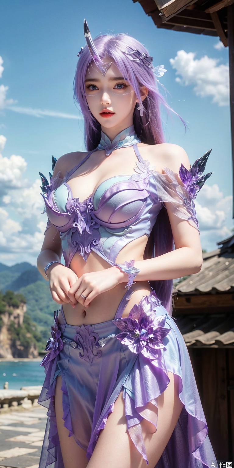 best quality, masterpiece, realistic,cowboy_shot,(Good structure), DSLR Quality,Depth of field,kind smile,looking_at_viewer,Dynamic pose, 
,Short skirt,Blue sky, white clouds, ocean, nai3, 1girl, solo, crop top, , choker, navel, shirt, midriff, crop top overhang, looking at viewer, white shirt, jewelry, breasts, bare shoulders, off-shoulder shirt, off shoulder, black choker, thighs, stomach, long hair, bracelet, short sleeves, ribbon, hand up, collarbone, hair ribbon, medium breasts, , bra strap, , hair ornament, thigh gap, necklace, expressionless,yueliu,purple hair,blue eyes, horns