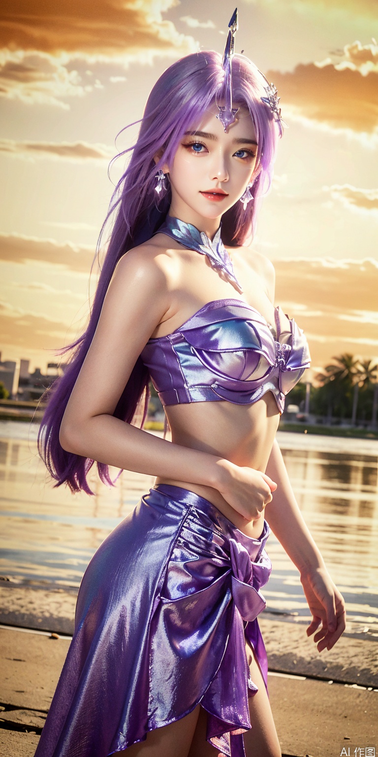 best quality, masterpiece, realistic,cowboy_shot,(Good structure), DSLR Quality,Depth of field,kind smile,looking_at_viewer,Dynamic pose, 
1girl, solo, long hair, , looking at viewer, skirt, hair ornament, bare shoulders, jewelry, , black hair, earrings, outdoors, midriff, water, necklace, lips, crop top, grey eyes, leaning forward, ocean, white skirt, strapless vest, sunset, sun,yueliu,purple hair,blue eyes