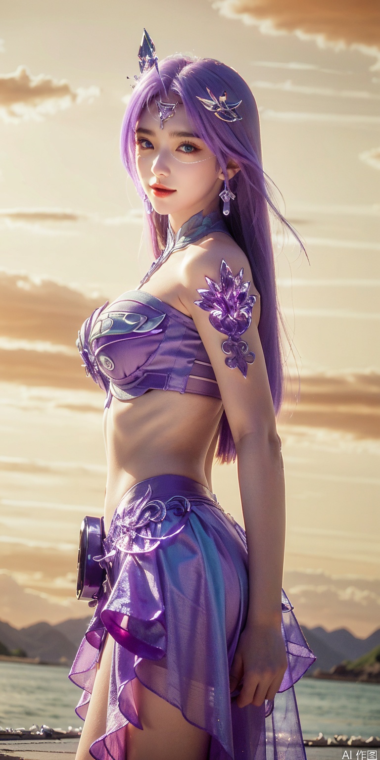 best quality, masterpiece, realistic,cowboy_shot,(Good structure), DSLR Quality,Depth of field,kind smile,looking_at_viewer,Dynamic pose, 
1girl, solo, long hair, , looking at viewer, skirt, hair ornament, bare shoulders, jewelry, , black hair, earrings, outdoors, midriff, water, necklace, lips, crop top, grey eyes, leaning forward, ocean, white skirt, strapless vest, sunset, sun,yueliu,purple hair,blue eyes