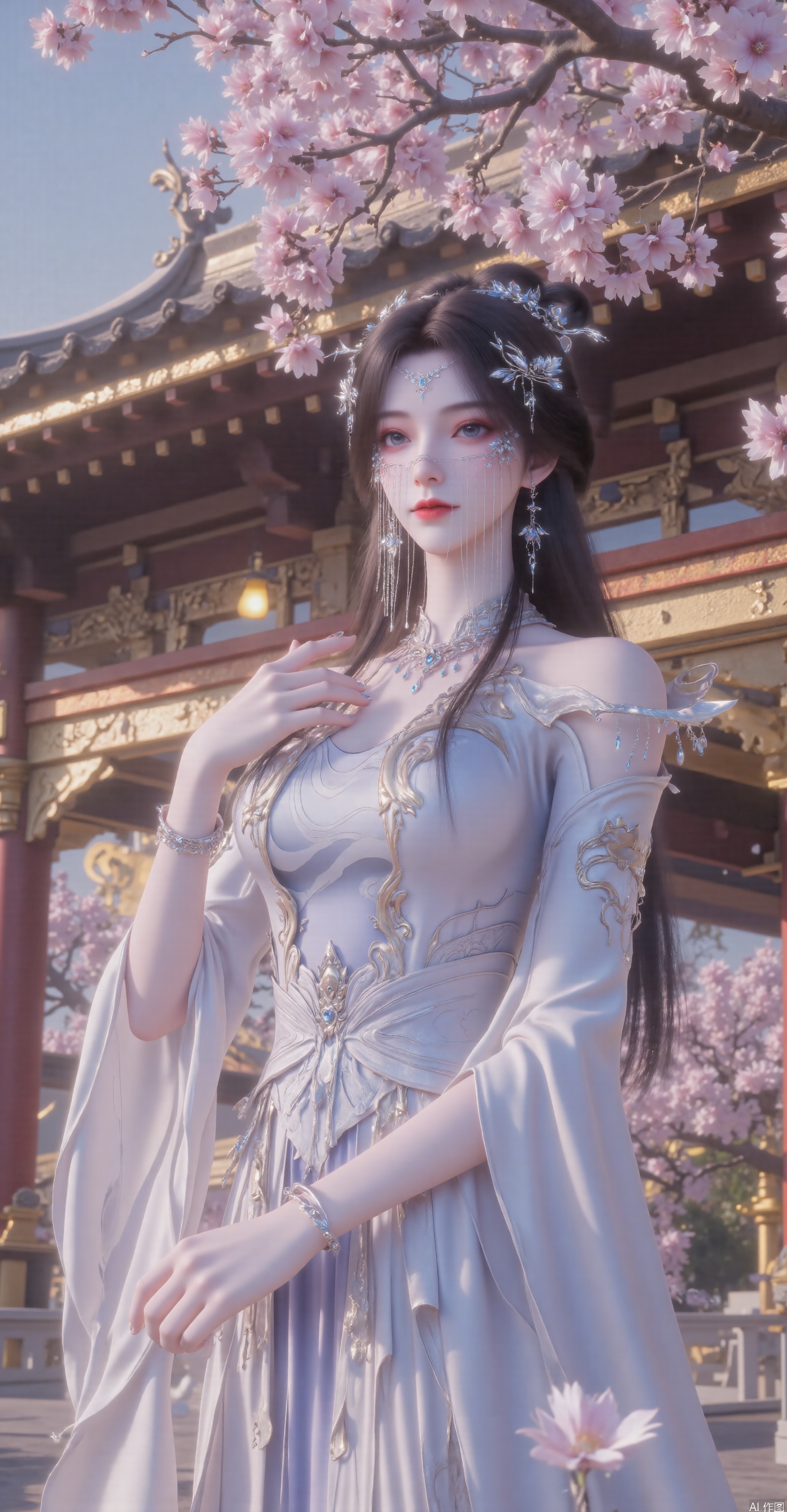 The background features a traditional, ornate building with golden accents and a sloping, tiled roof, indicating a historical or cultural setting. The building is illuminated by warm, golden light, creating a contrast with the cool tones of the woman's attire. The scene is further enhanced by the presence of a cherry blossom tree in the background, with its delicate pink blossoms adding a touch of whimsy and beauty to the composition. The overall atmosphere is serene and dreamlike, with a focus on the woman's ethereal beauty and the mystical ambiance of the setting.