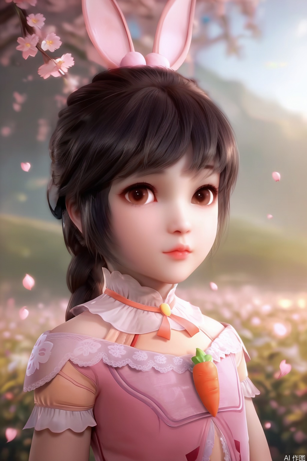 score_9,score_8_up,score_7_up,1girl,solo,looking at viewer,short hair,black hair,dress,animal ears,brown eyes,jewelry,rabbit ears,lips,pink dress,long braid,hime cut,Child,blurry background,petals,Cherry Blossoms,carrot