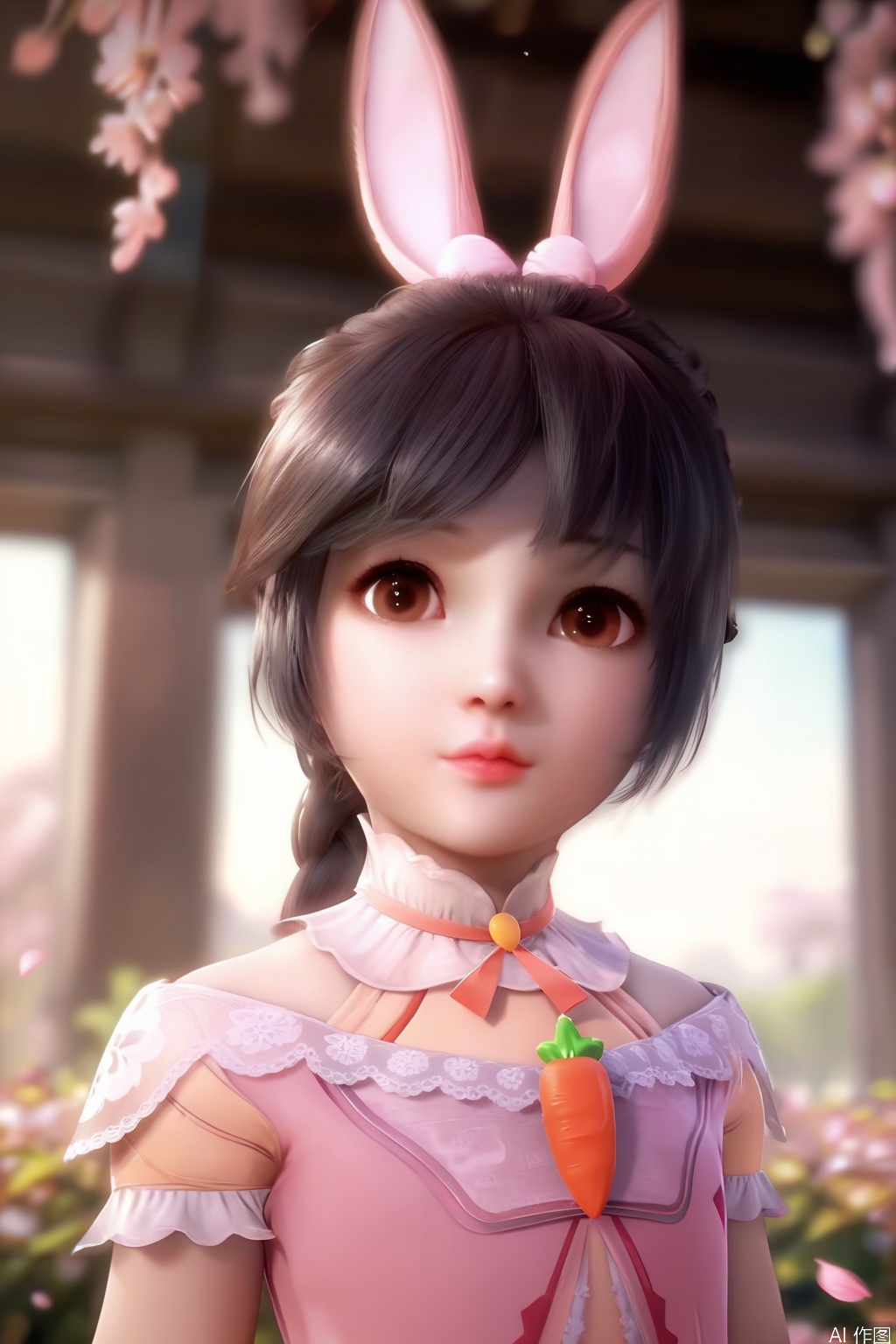 score_9,score_8_up,score_7_up,1girl,solo,looking at viewer,short hair,black hair,dress,animal ears,brown eyes,jewelry,rabbit ears,lips,pink dress,long braid,hime cut,Child,blurry background,petals,Cherry Blossoms,carrot