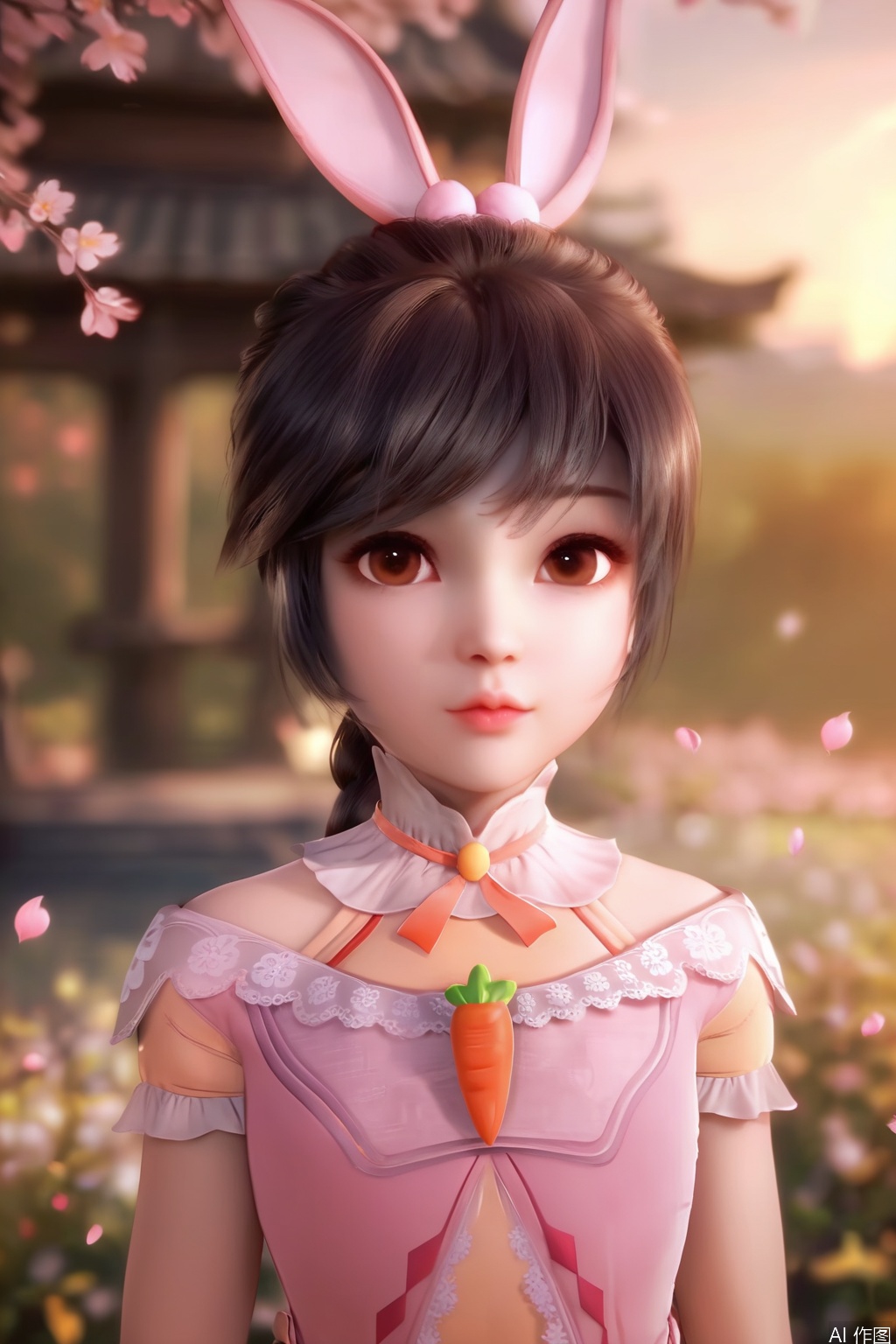 score_9,score_8_up,score_7_up,1girl,solo,looking at viewer,short hair,black hair,dress,animal ears,brown eyes,jewelry,rabbit ears,lips,pink dress,long braid,Child,blurry background,petals,Cherry Blossoms,carrot