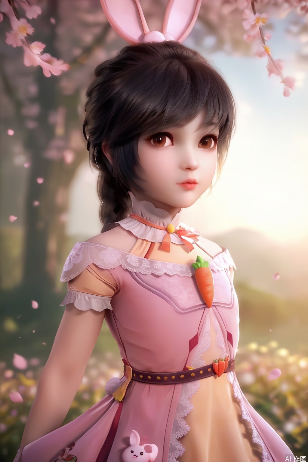 score_9,score_8_up,score_7_up,1girl,solo,looking at viewer,short hair,black hair,dress,animal ears,brown eyes,jewelry,rabbit ears,lips,pink dress,long braid,Child,blurry background,petals,Cherry Blossoms,carrot