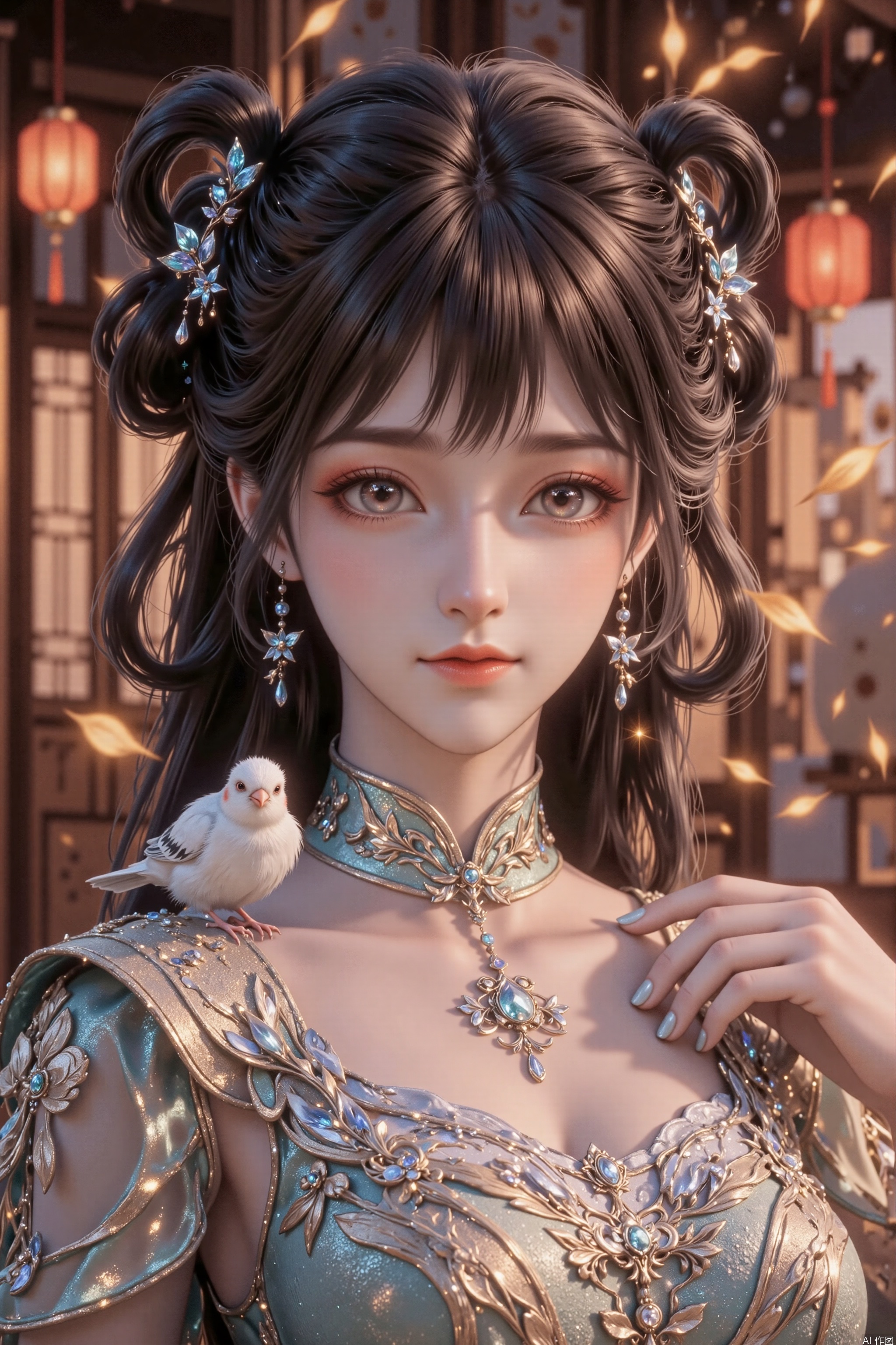 The image depicts a young woman dressed in traditional attire, featuring intricate embroidery and gemstones on her clothing. She has long, dark hair styled in elegant buns adorned with small blue flowers. A white bird is perched on her shoulder, adding a touch of nature to the scene. The background shows a traditional setting with wooden structures and hanging lanterns, suggesting a historical or cultural environment. The overall atmosphere is serene and picturesque.