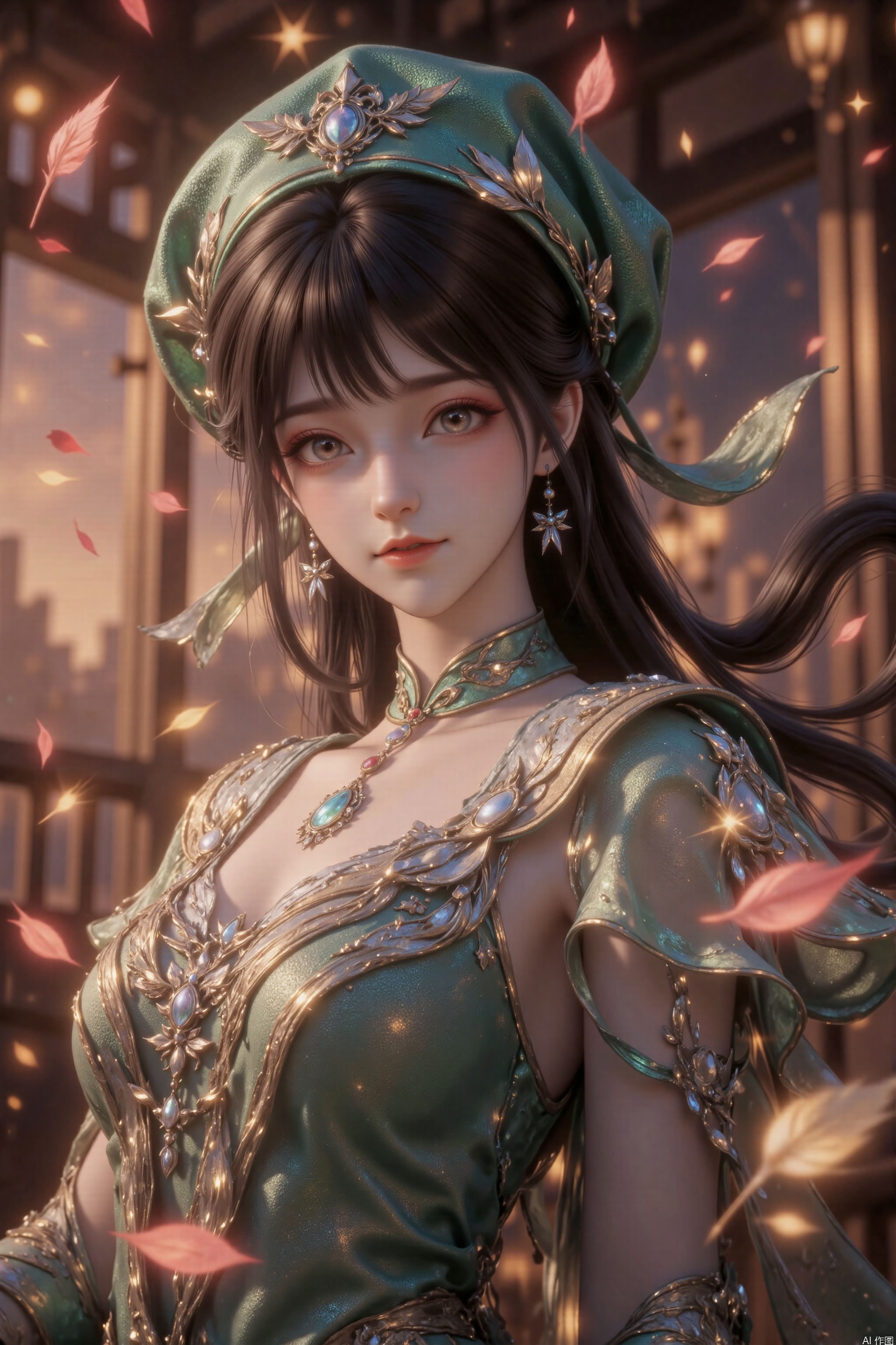 Aiming, DSLR quality, depth of field, at_viewer, dynamic pose, friendly smile, 1 girl, 8k resolution, masterpiece quality, high detail. Shoot from below, low angle shot, fantasy theme, cropped. {(Soul: 1.5), Green Clothes, Full Body, (Close to the Audience: 1.8), (Looking at the Audience: 2), Beautiful Face, ((Worm Eye Shooting: 1.2)), Perspective Distortion}, (Panorama, Fish Eye Lens Effect: 1.1). {(Strong backlight, insufficient exposure: 1.4), (blocking shadow: 0.8), depth of field (100mm focal length: 1.2)}, (horizontal line: 0.7), low-key earth. The feathers of the starry sky blend into the background to create a sense of depth and a gradient color. Incorporating the Droste effect (endless repetition and reflection: 1.2). Surrounded by fluttering rose petals, reflecting or casting striking shadows and highlights, {(Meteor shower, planet: 1.1), (Vermillion Comet: 1.3)}. The effect is fascinating and the dreamy and infinite atmosphere. The whirlpool of rose petals, the whirlpool of starry sky.