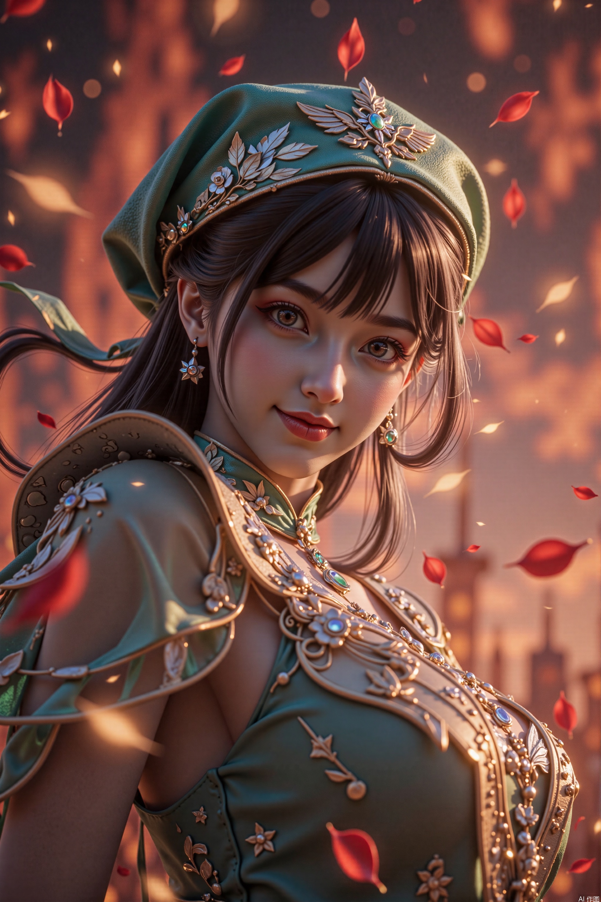 Aiming, DSLR quality, depth of field, at_viewer, dynamic pose, friendly smile, 1 girl, 8k resolution, masterpiece quality, high detail. Shoot from below, low angle shot, fantasy theme, cropped. {(Soul: 1.5), Green Clothes, Full Body, (Close to the Audience: 1.8), (Looking at the Audience: 2), Beautiful Face, ((Worm Eye Shooting: 1.2)), Perspective Distortion}, (Panorama, Fish Eye Lens Effect: 1.1). {(Strong backlight, insufficient exposure: 1.4), (blocking shadow: 0.8), depth of field (100mm focal length: 1.2)}, (horizontal line: 0.7), low-key earth. The feathers of the starry sky blend into the background to create a sense of depth and a gradient color. Incorporating the Droste effect (endless repetition and reflection: 1.2). Surrounded by fluttering rose petals, reflecting or casting striking shadows and highlights, {(huge magic balls: 1.1), (vermillion particle special effects: 1.3)}. The effect is fascinating and the dreamy and infinite atmosphere. The whirlpool of rose petals, the whirlpool of starry sky.