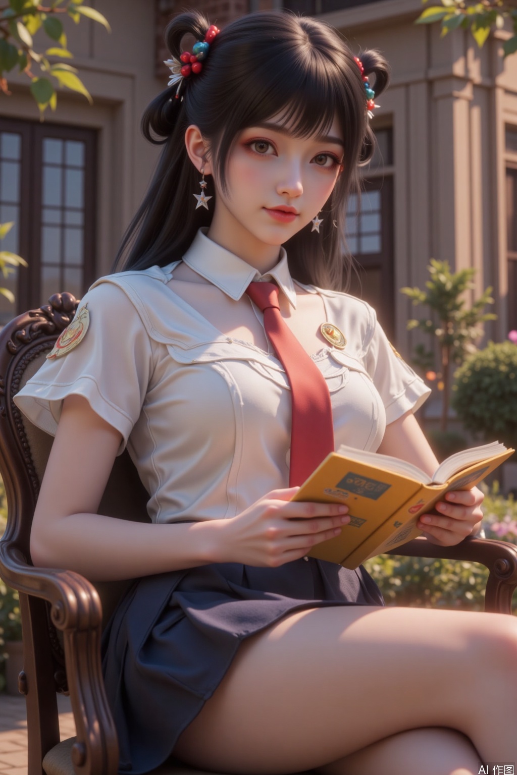 The painting shows a young woman sitting in a chair outdoors. She has long black hair and her hair accessories are also unique. A few strands of hair are tied into pairs of ponytails casually, and paired with some small accessories to add a bit of playfulness. She was wearing a white short-sleeved shirt, a red tie and a dark blue pleated skirt. There is a badge or logo on the left chest of the shirt. She is reading a book with a yellow cover. In the background is a building with large windows and doors surrounded by greenery and flowers. The scene looks like a garden or courtyard area, in a modern style.