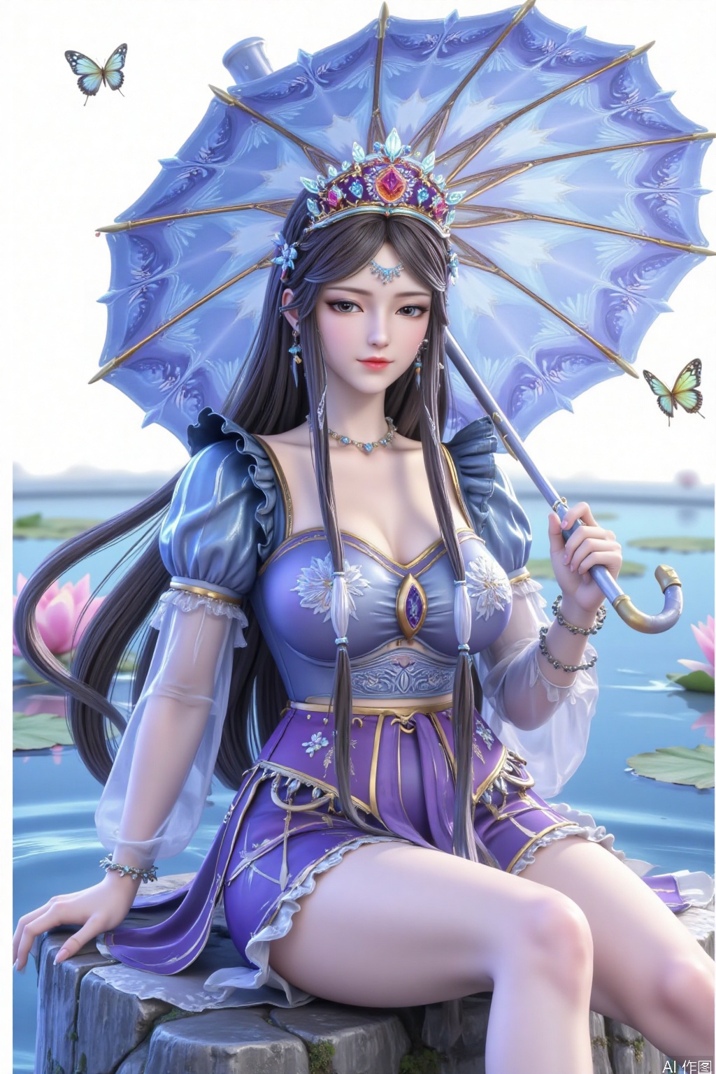 8K image, long hair, floating hair, 1 girl, hair accessories, black and blue dress, black hair, long hair, long hair flowing, umbrella, flower, water, hold, gauze skirt, smile, charming smile, insect, butterfly, lotus, blue umbrella, fluffy skirt.be seated