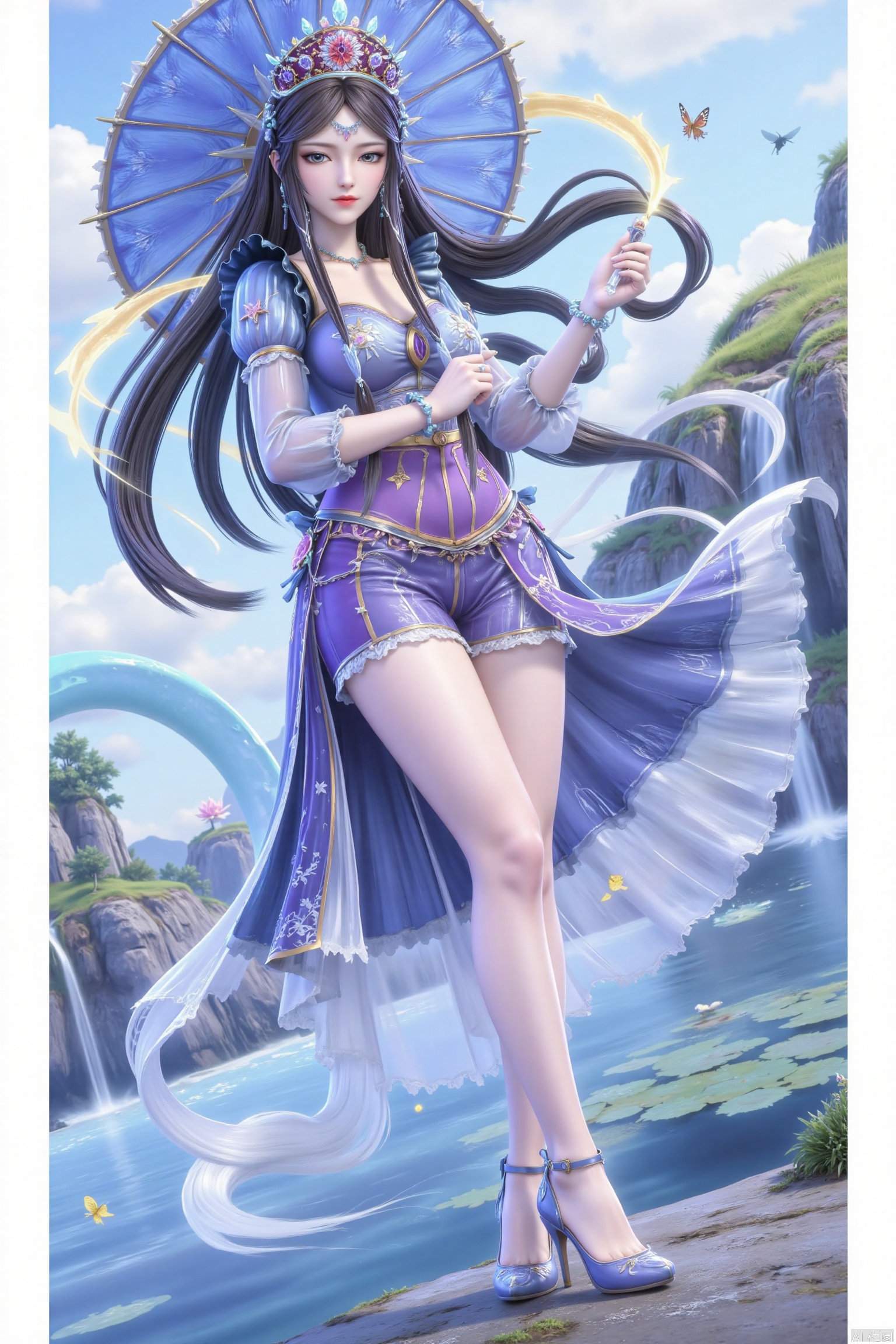 8K image, long hair, floating hair, 1 girl girl, hair accessories, black and blue dress, black hair, long hair, long hair flowing, umbrella, flower, water, hold, white and blue silk gauze skirt, gauze skirt, beautiful legs, smile, charming smile, cut clothes, insects, butterflies, lotus flowers, blue umbrella,