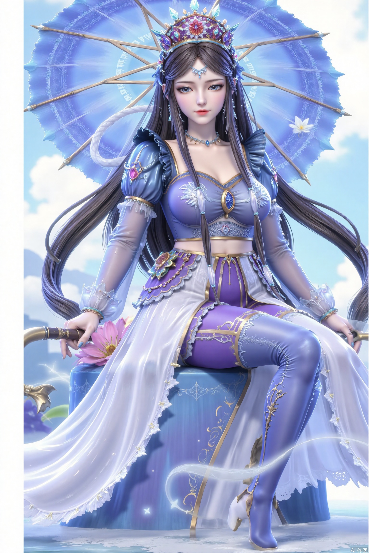 8K image, long hair, floating hair, 1 girl girl, hair accessories, black and blue dress, black hair, long hair, long hair flowing, umbrella, flower, water, hold, white and blue silk gauze skirt, gauze skirt, beautiful legs, smile, charming smile, cut clothes, insects, butterflies, lotus flowers, blue umbrella,be seated