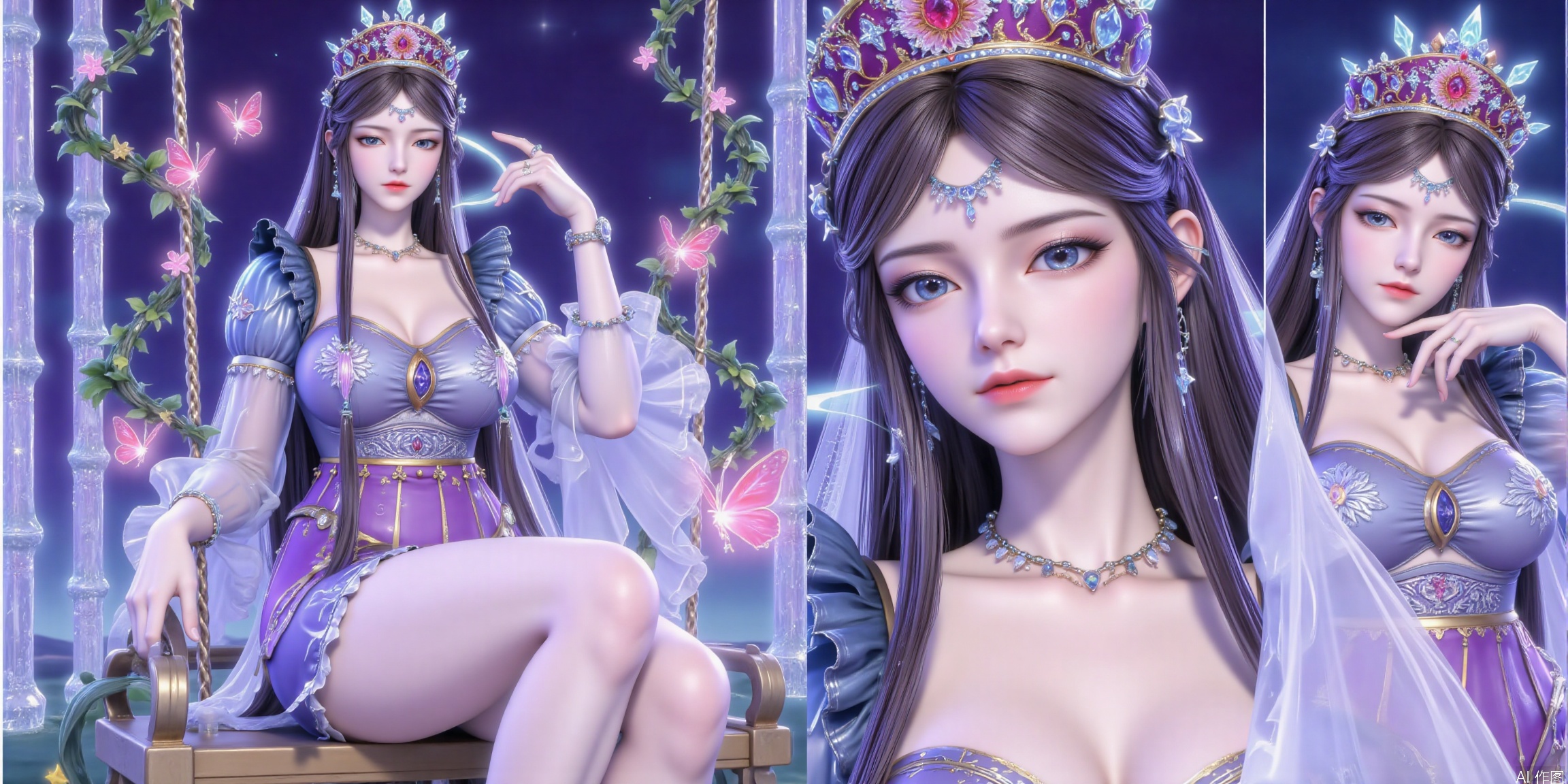 Black hair, whole body, long hair, sitting, clear crystal swing, the highest quality, exquisite CG, sitting on the swing wrapped in flowers and vines, water droplets on the hair, beautiful goddess, sparkling stars, close-ups, delicate face, delicate lips, exquisite ancient costumes, exquisite high heels, exquisite eyes, exquisite nose, pink butterflies around, sparkling water droplets around, sparkling pink crystals,  whole body,1 girl, solo, long hair, blue eyes, black hair, dress, headdress, crown, veil, black hair, dress, jewelry, earrings, fluffy sleeves, necklace, headdress and crown.