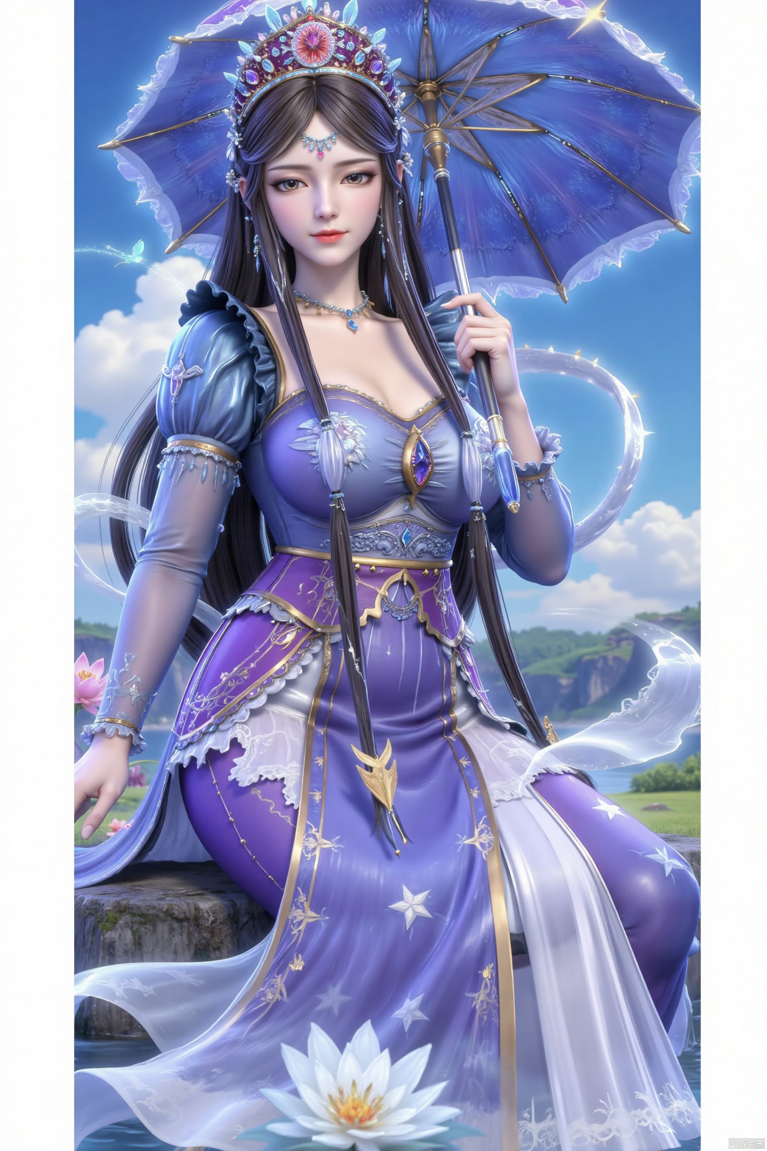 8K image, long hair, floating hair, 1 girl, hair accessories, black and blue dress, black hair, long hair, long hair flowing, umbrella, flower, water, hold, gauze skirt, smile, charming smile, insect, butterfly, lotus, blue umbrella, fluffy skirt.be seated