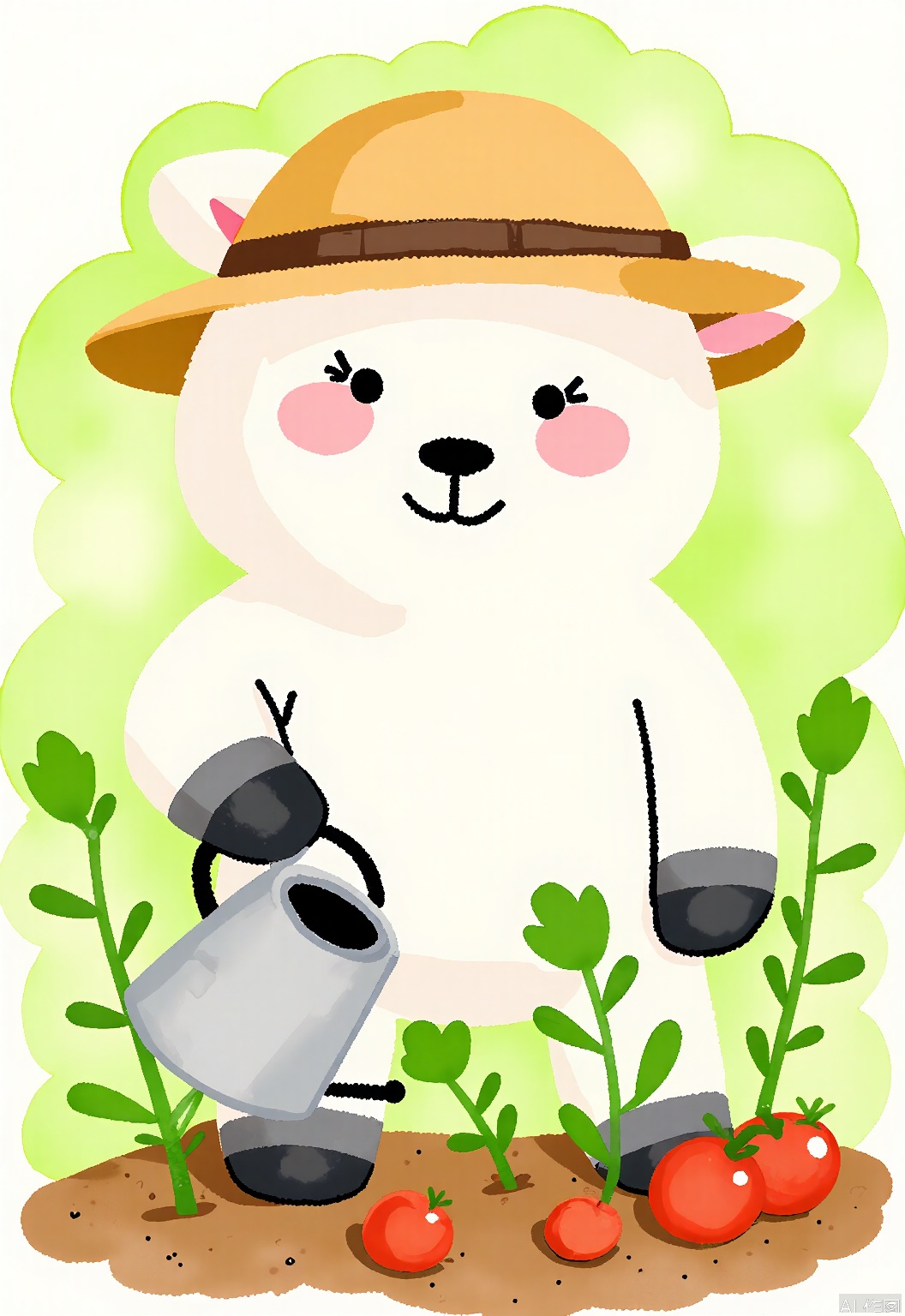 DCET, A gentle, watercolor children's sketch of a lamb gardening. The lamb has a soft, white fleece and innocent eyes, and is wearing a sunhat and gardening gloves. It tends to a small plot of vegetables, with a watering can in hand. The background is a fresh green, like a lush garden. The lamb has a content expression, carefully nurturing each plant. The drawing evokes a sense of peace and growth.