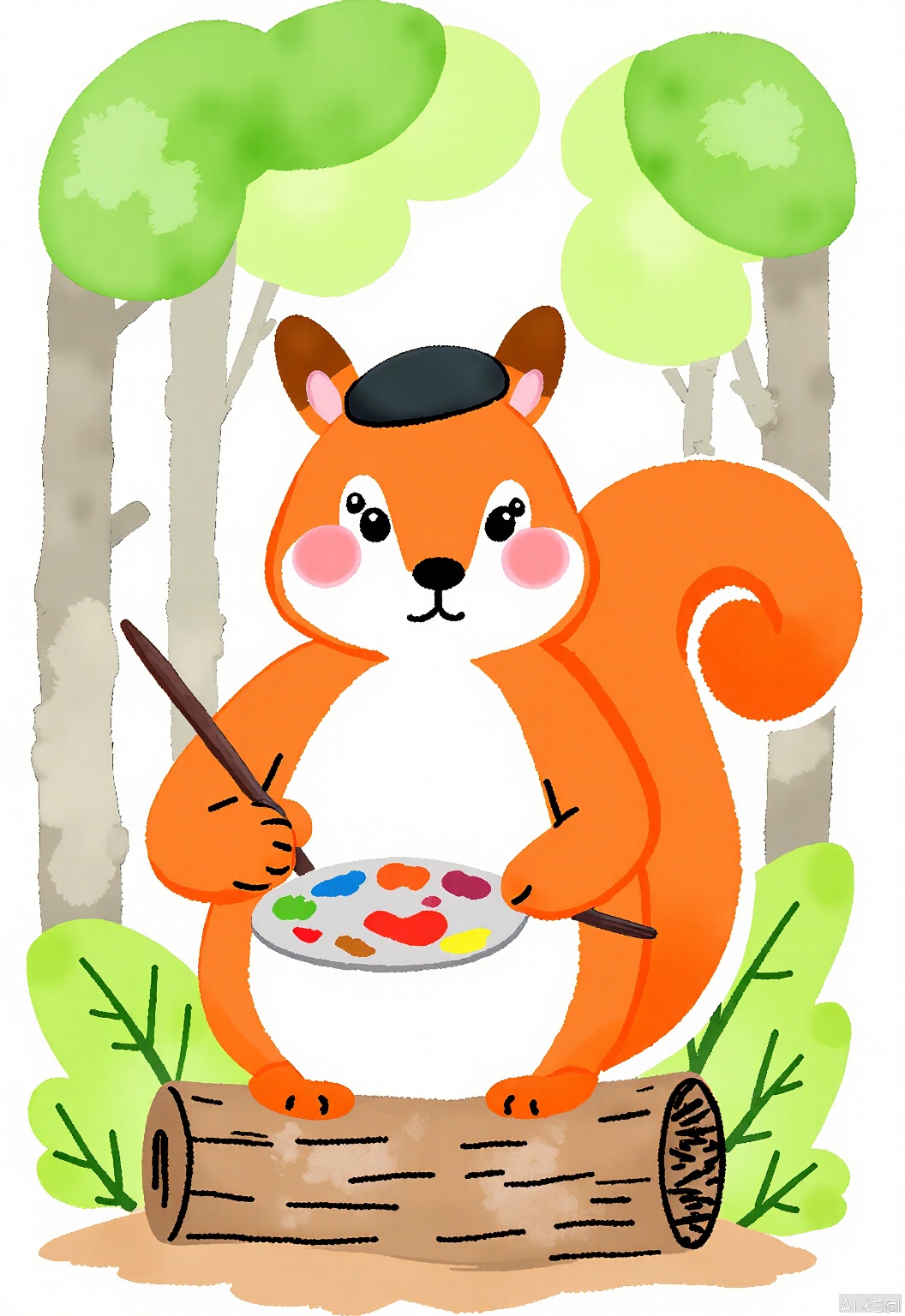 DCET, A whimsical, watercolor children's drawing of a squirrel painting a picture. The squirrel has a bushy red tail and bright, curious eyes, and is wearing a tiny artist's beret. It stands on a tree stump with a palette and brushes in hand. The background is a forest scene with vibrant green leaves and dappled sunlight. The squirrel has a determined look, brush poised mid-stroke. The drawing captures the magic of creativity.