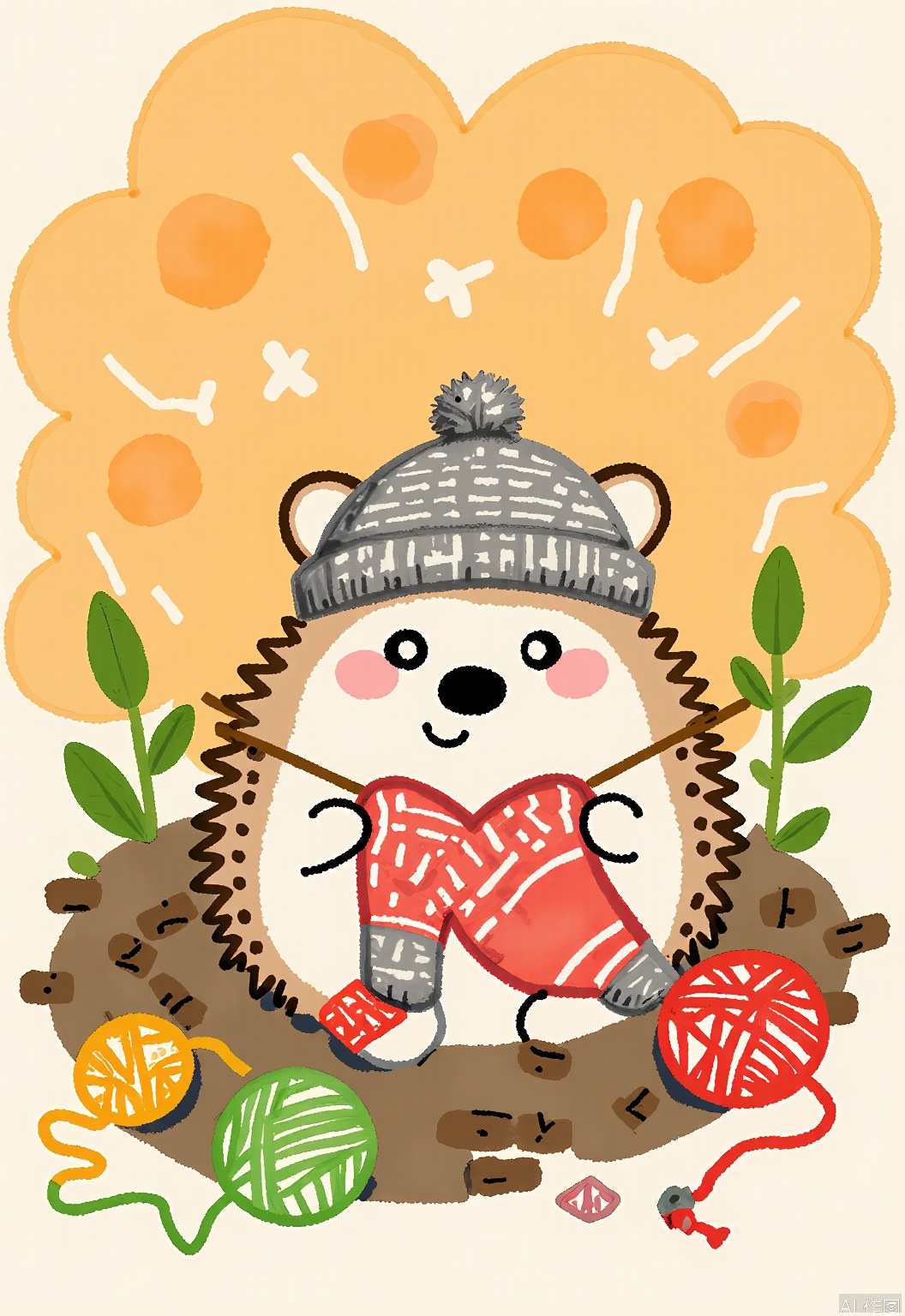 DCET, A cozy, watercolor children's sketch of a hedgehog knitting a sock. The hedgehog has soft, brown spines and tiny, nimble paws, and is wearing a woolly hat. It sits in a nest of leaves and twigs, with yarn scattered around. The background is a soft orange, like the glow of a fireplace. The hedgehog has a concentrated expression, needles clicking rhythmically. The drawing exudes comfort and homeliness.